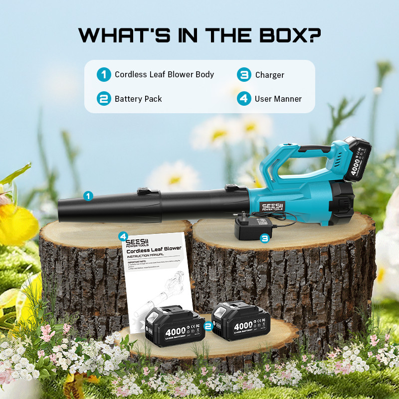 Seesii 21V Cordless Battery Powered Leaf Blower 400MPH 780CFM 2x 4000mAh Battery