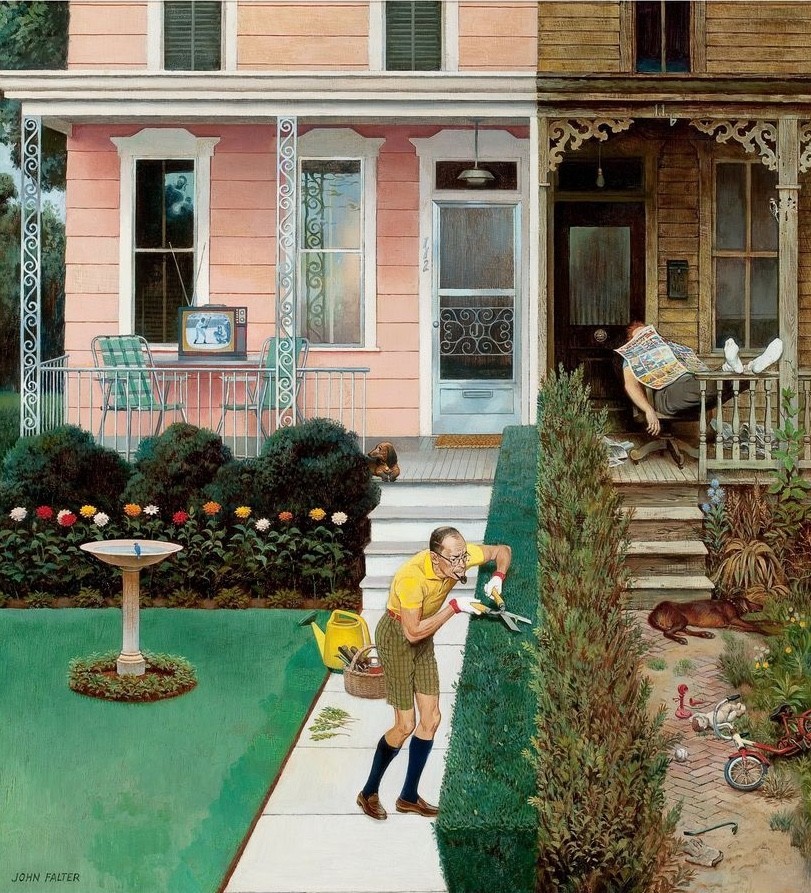 John Falter : Neighbors : Sunday Gardening : Mid-Century Americana Humor Print