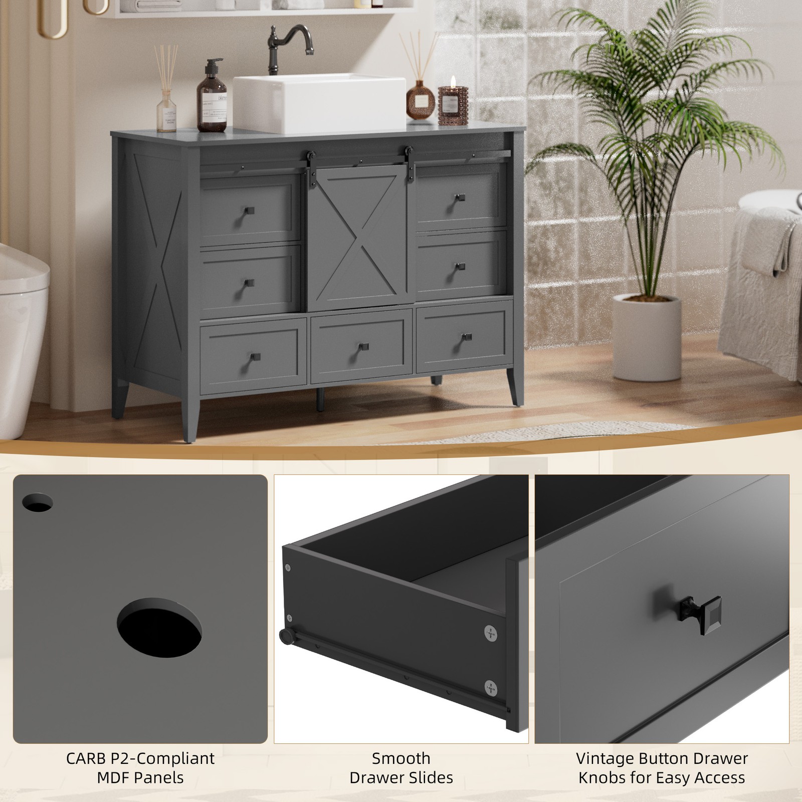 48″ Bathroom Vanity w/ Single Sink Ceramic Freestanding Storage Cabinet 7 Drawer