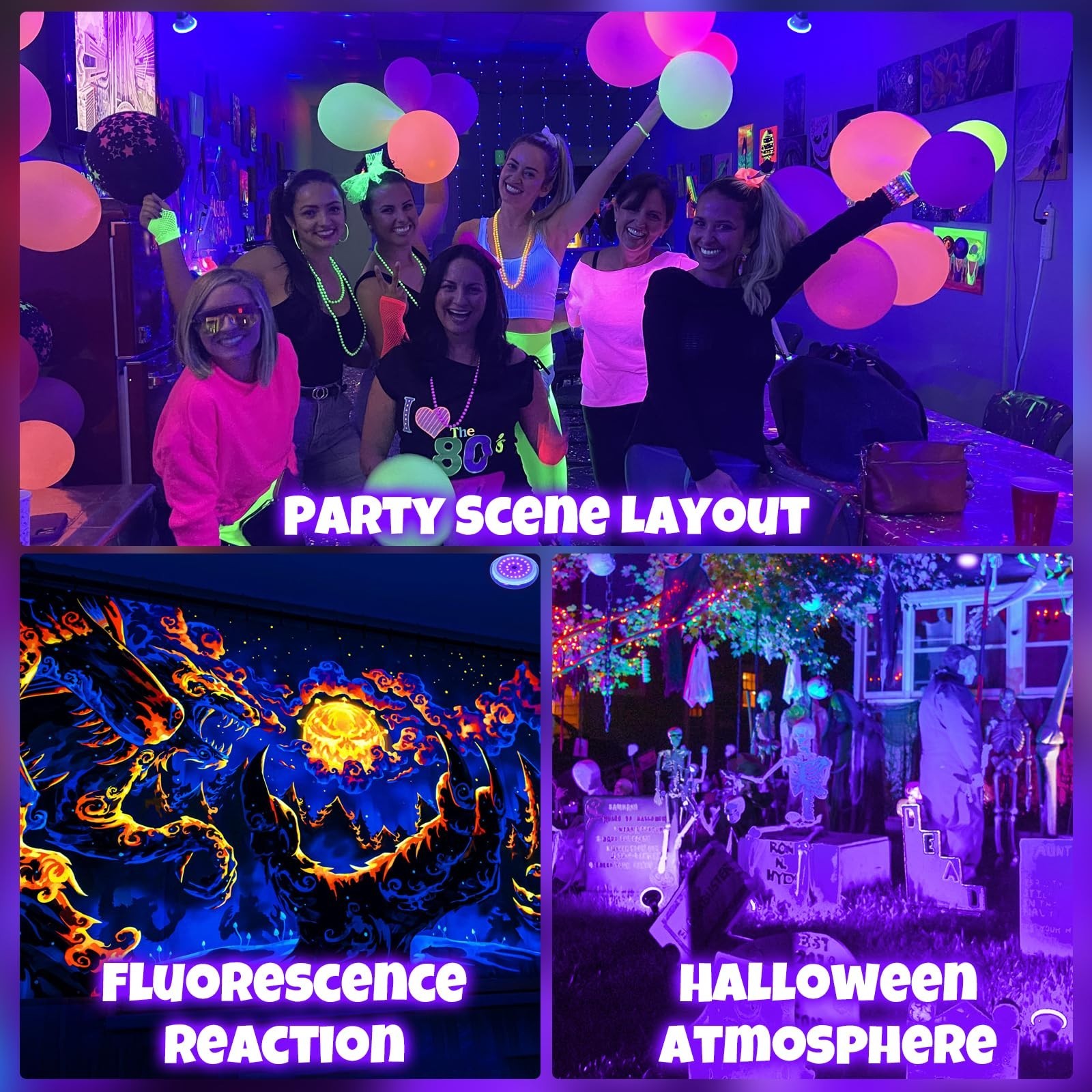 6 Pack Black Light Bulbs, 120W Equivalent E26 LED for Halloween Decor, Glow Part