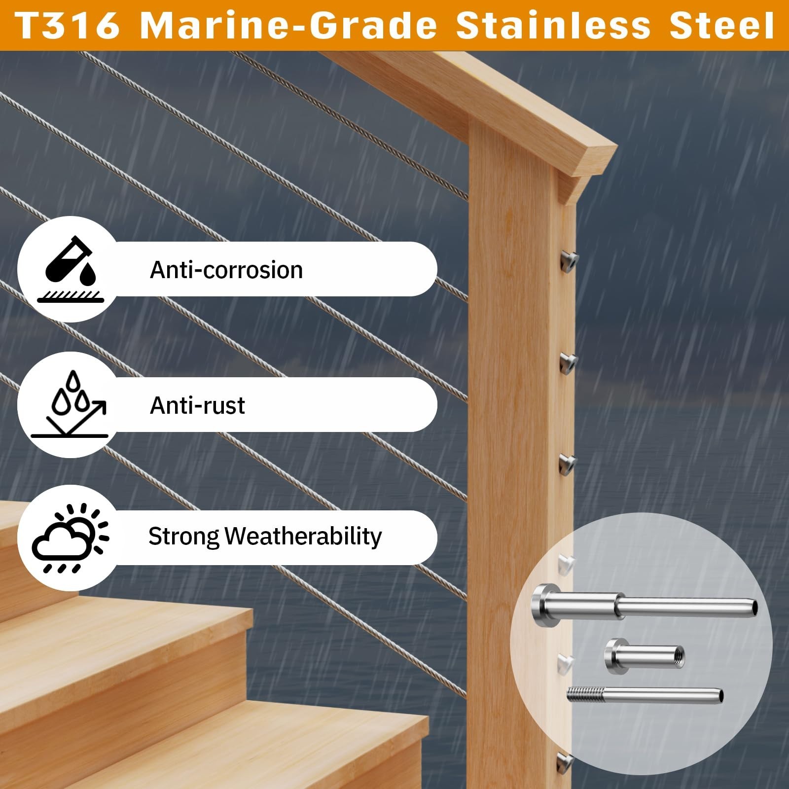 Invisible Cable Railing Kit – 20 Pack 1/8″ T316 Stainless Steel Swage Studs for