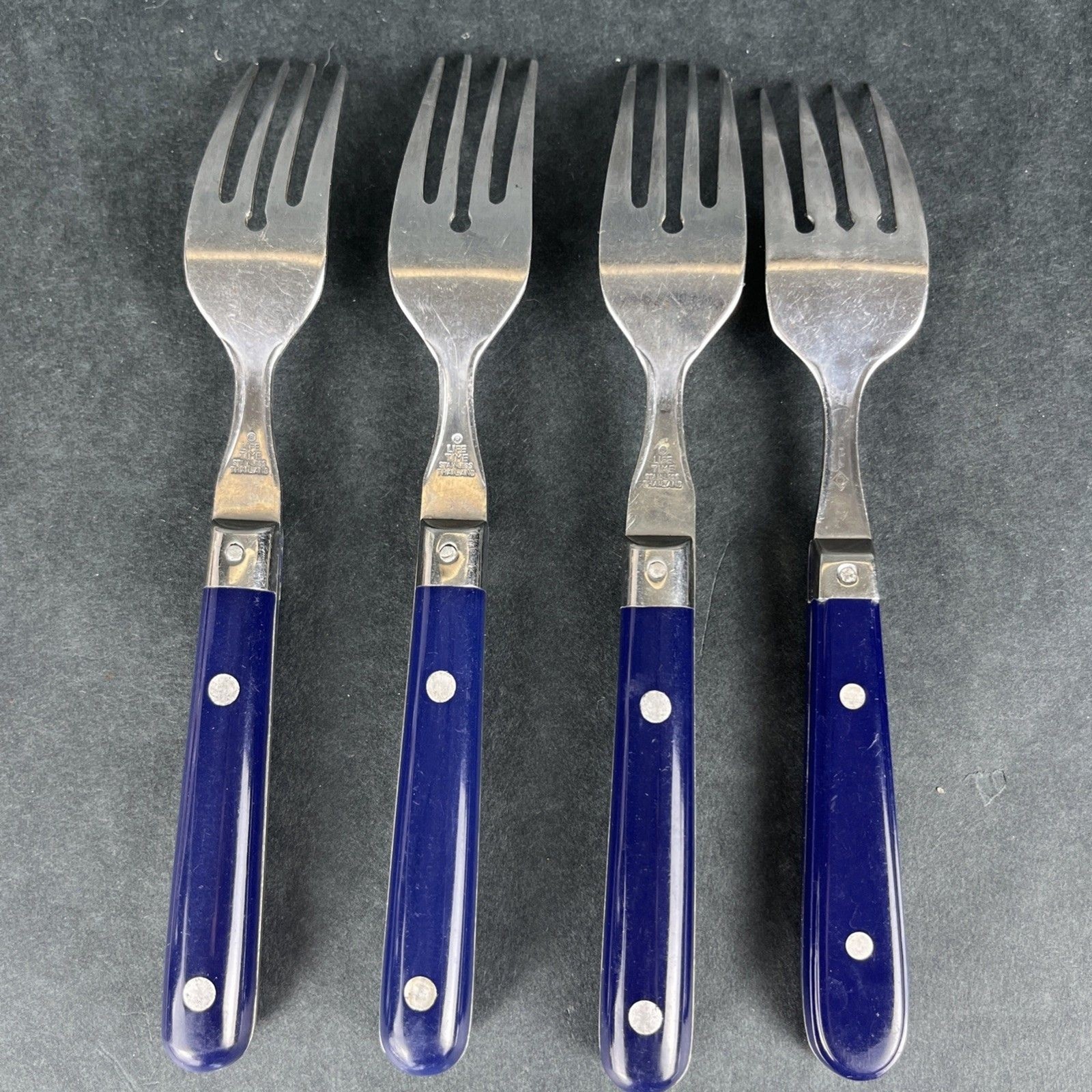 30pc VTG MCM Blue Riveted Handle Flatware Stainless Lifetime Thailand, Korea Mix