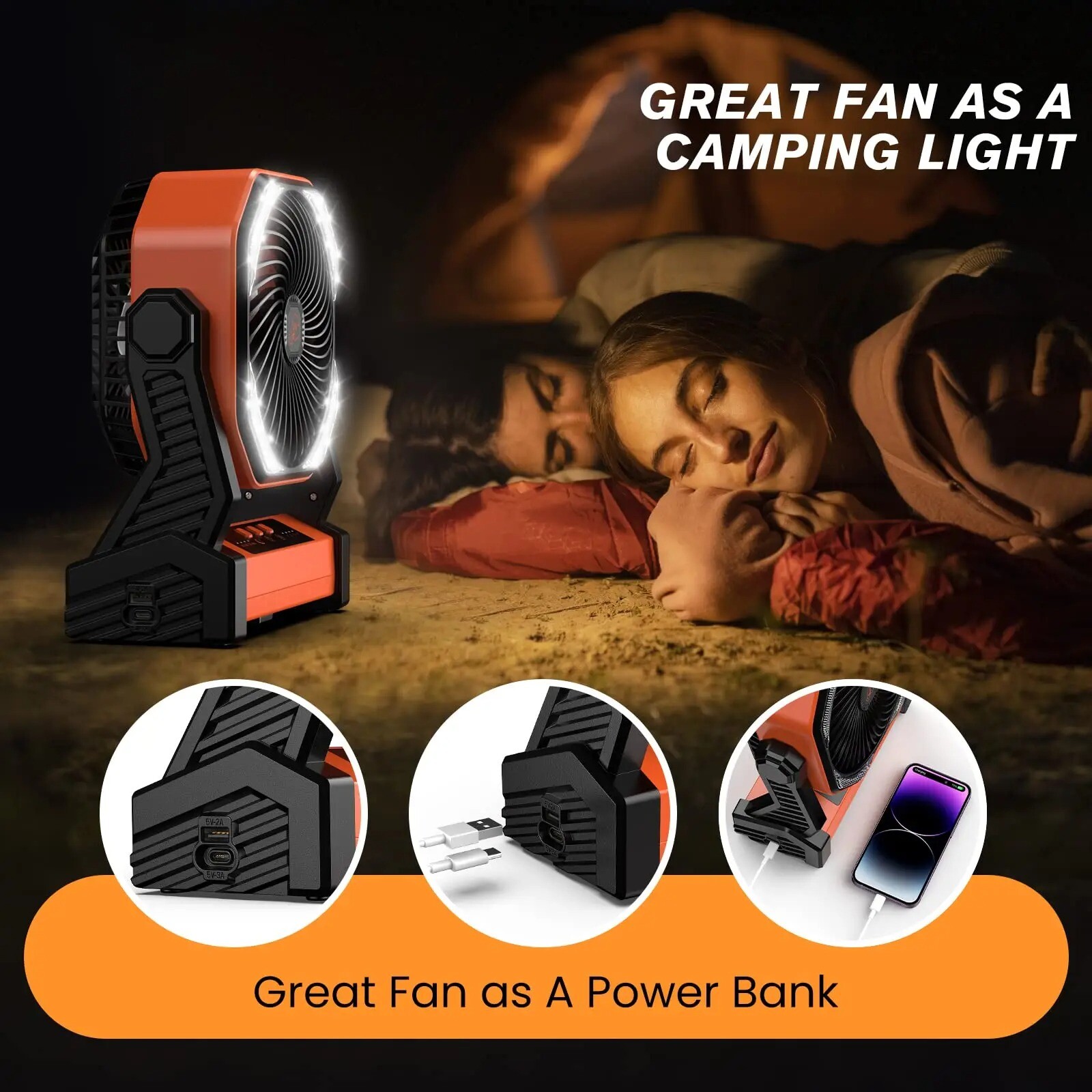 Camping Fan Up To 99Hours Battery Powered Portable Outdoor w/22000mAh Power Bank