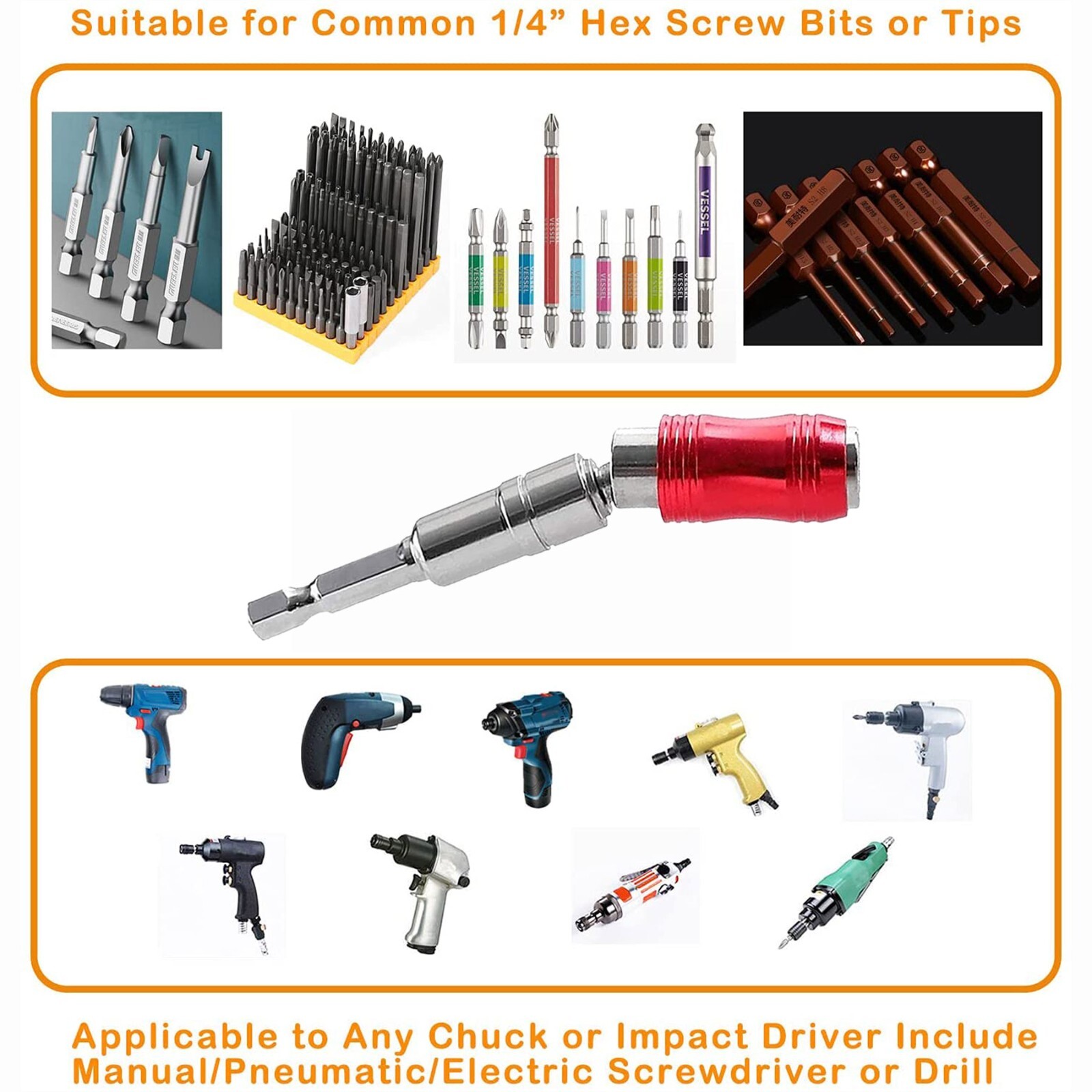 1/4″ Magnetic Drill Screw Drill Bit Holder Angle Pivoting Bit Tip Quick Change