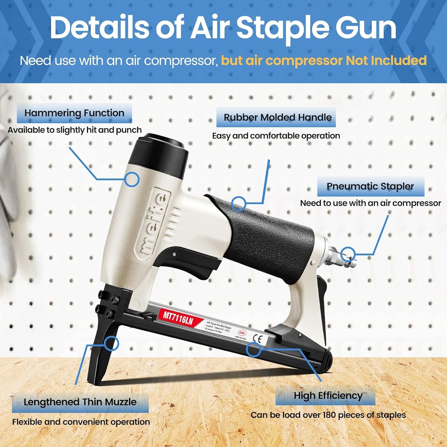 meite Fine Wire Stapler MT7116LN Pneumatic Upholstery Stapler with Long Muzzle