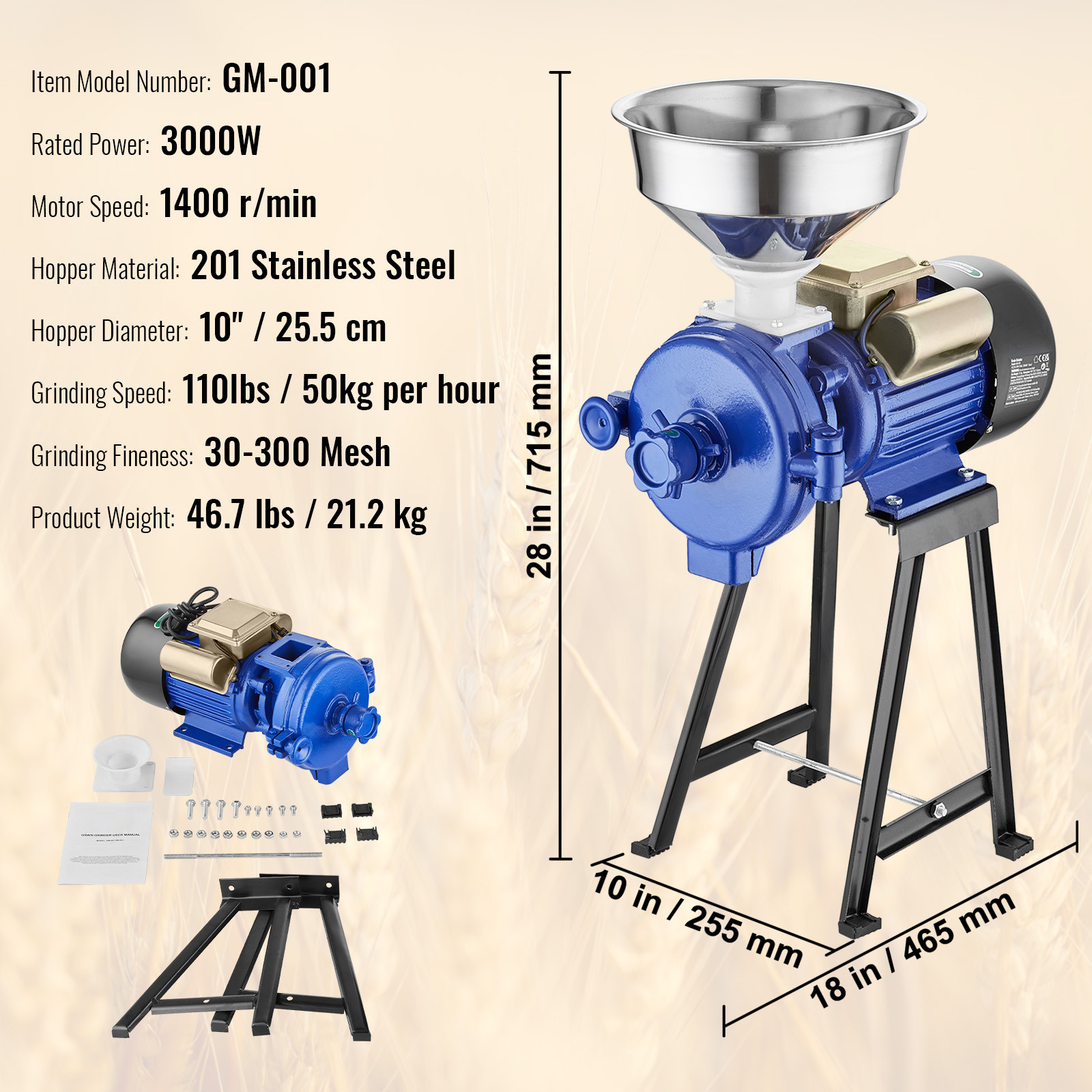 VEVOR 3000W Electric Grain Grinder Corn Wheat Flour Cereal Mill Dry Grinder