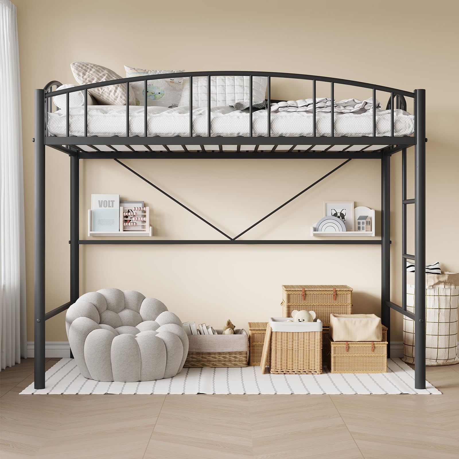 Metal Loft Bed Frame Twin Size, Sturdy with Safety Guardrail for Teens & Adults