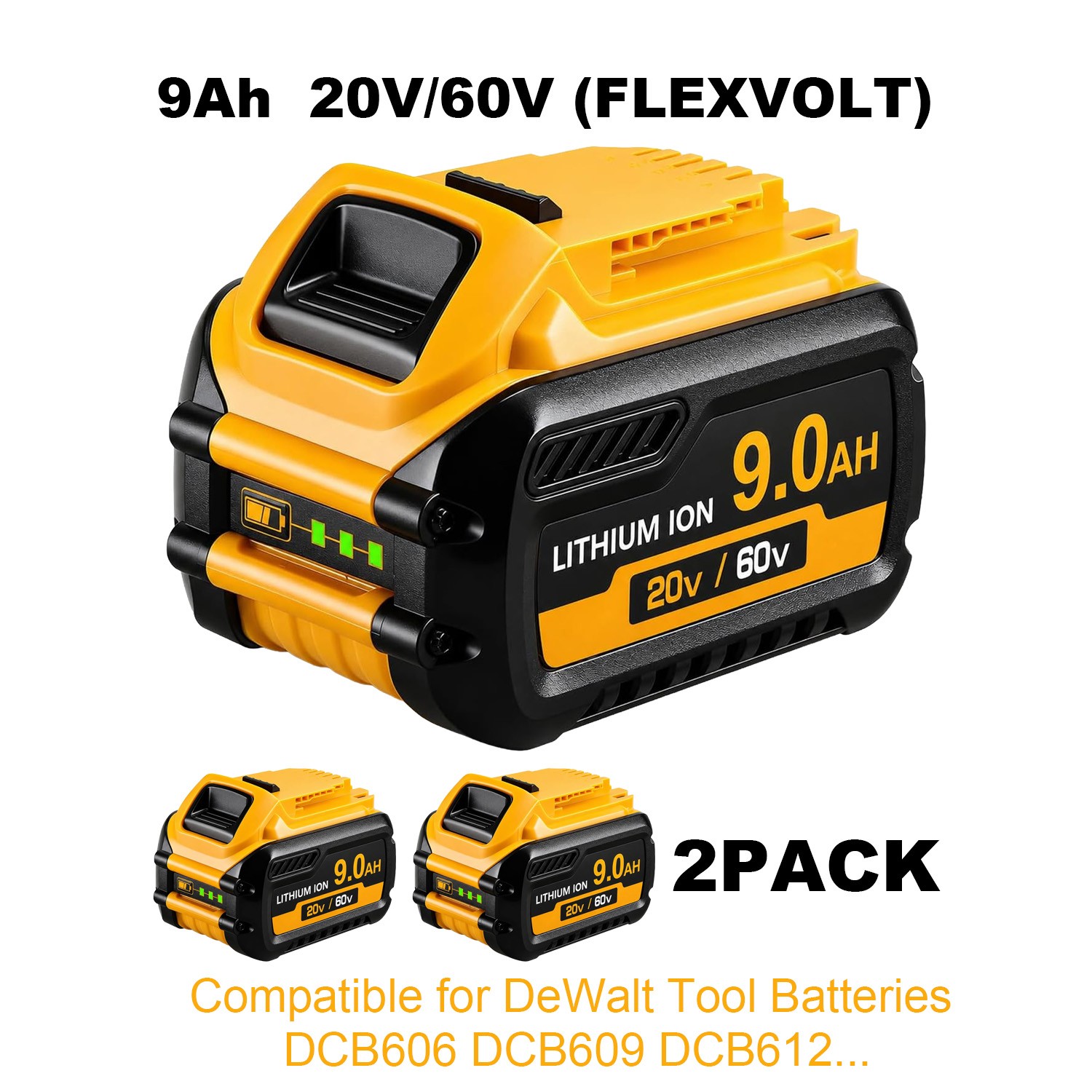 9Ah 2 Pack for DeWalt 20V MAX Tool Battery DCB609 606 612 High Capacity Li-Ion