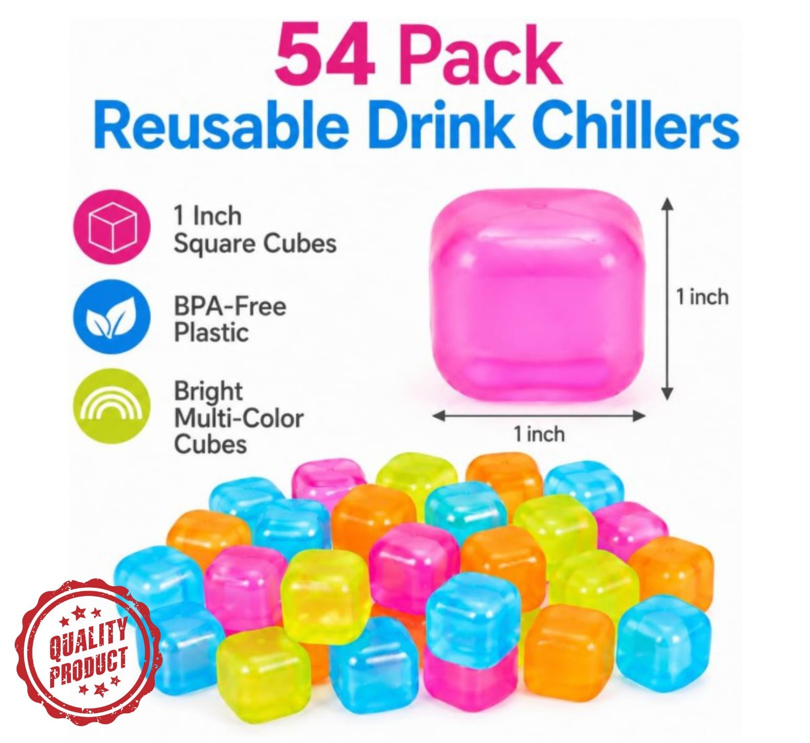 54 Pack Reusable Ice Cubes BPA Free Multi Color Drink Chillers No Dilution