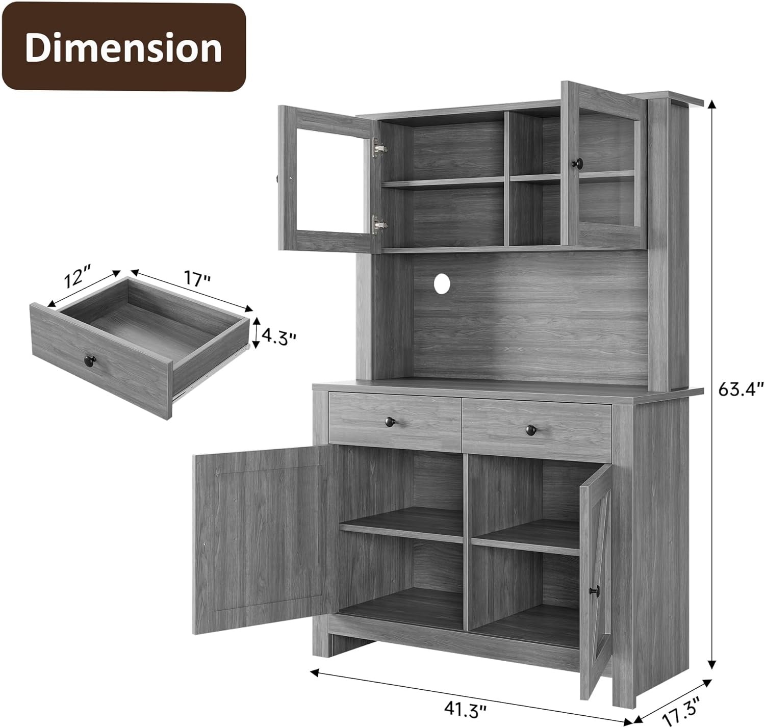 63″ Tall Kitchen Pantry Cabinet with Drawers, Hutch Cabinet with Microwave Stand