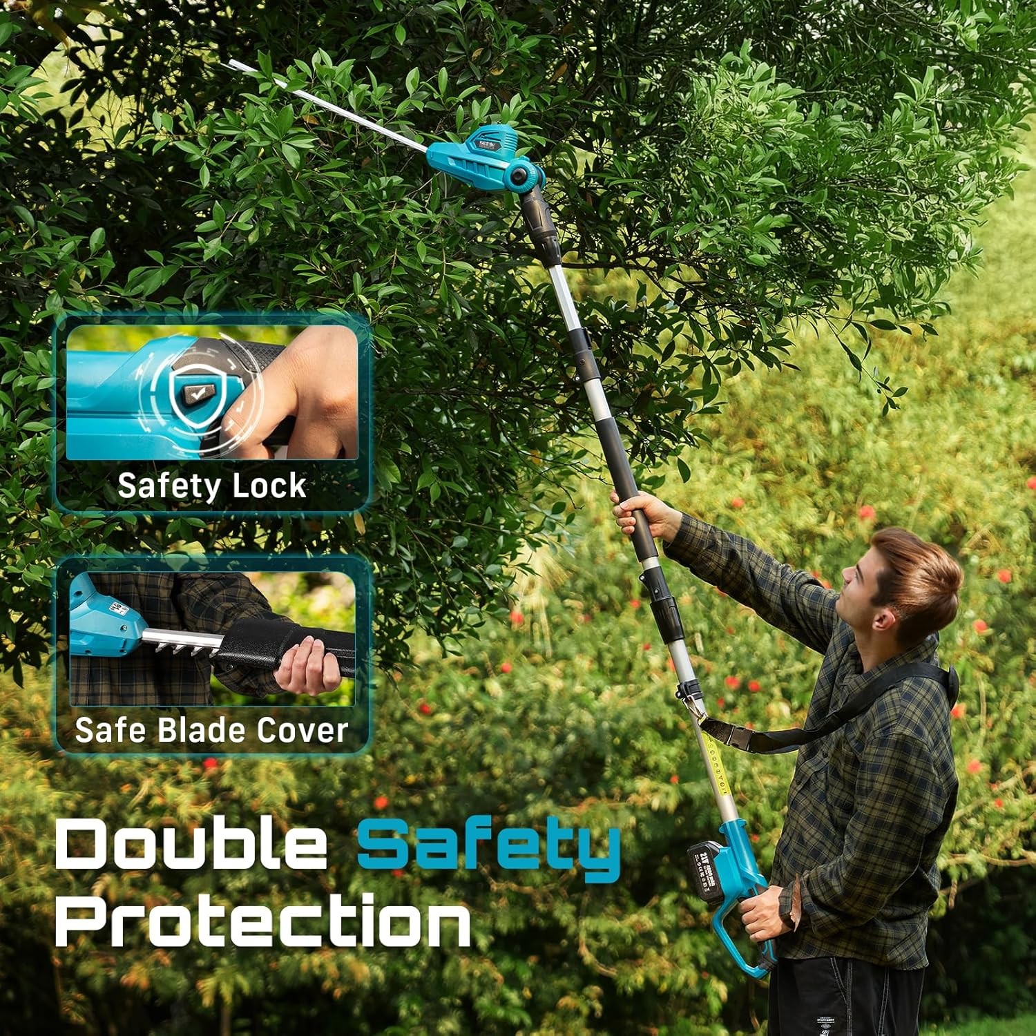 SEESII Telescopic Cordless Pole Hedge Trimmer 20″ Dual-Action Blade 8Ft Pole