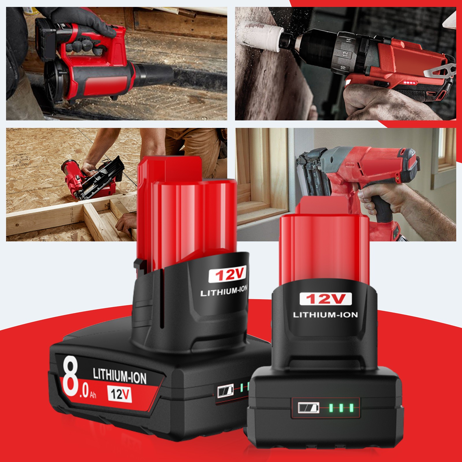 2PACK 8.0AH For Milwaukee For M12 12V 8000mAh Extended Capacity Battery w/LED