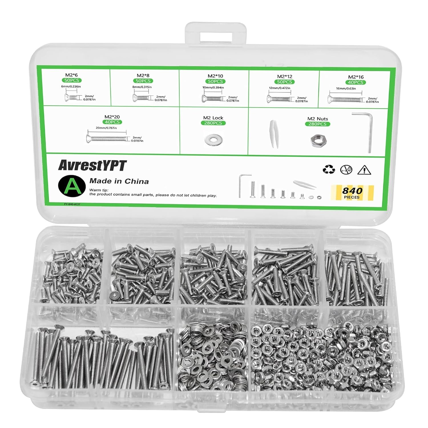 M2 Hex Flat/Socket/Button Head Screw Bolts Nuts Washers Assortment kit(4-25 mm)