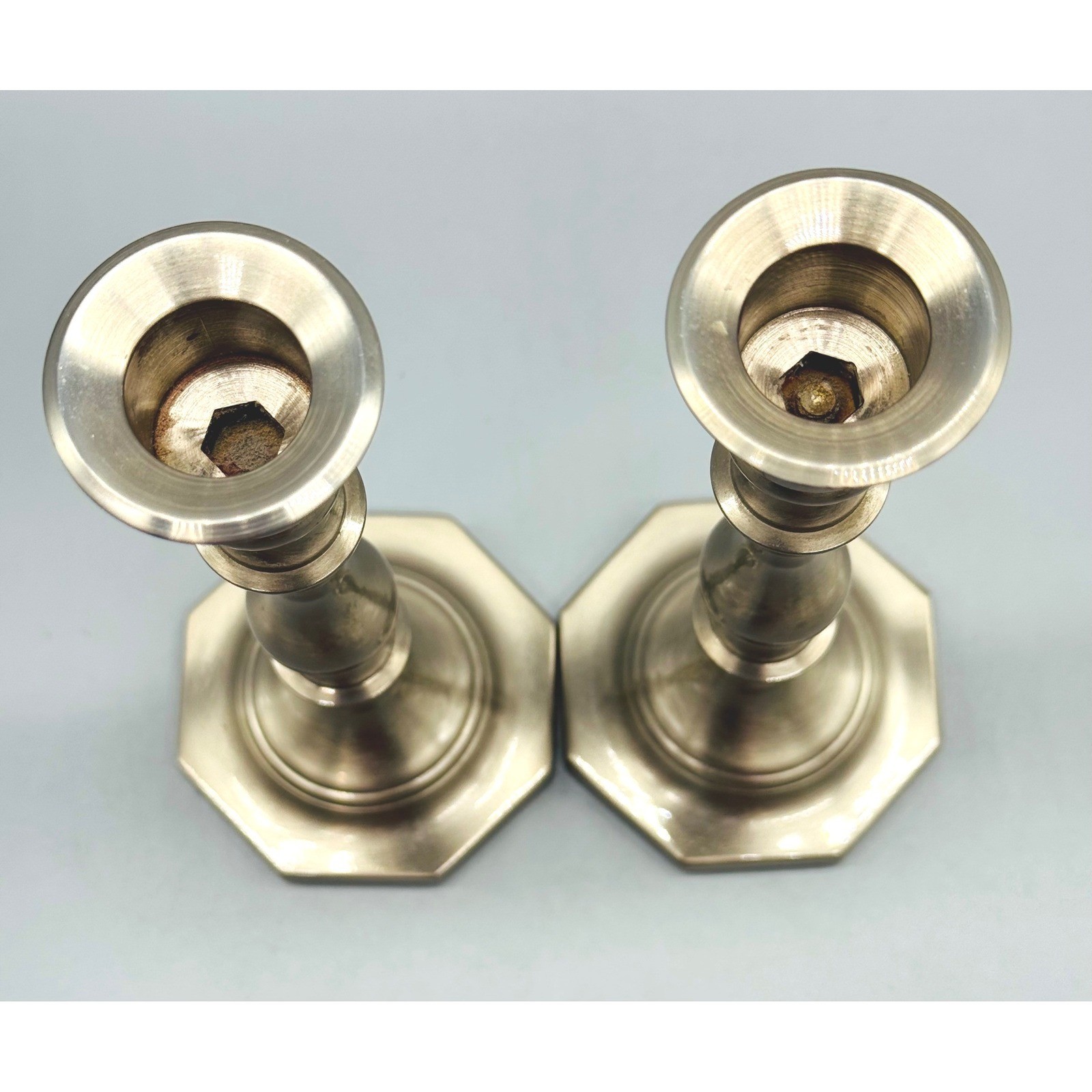 Pewter Candlestick Holders Silver Octagon Base 7 inch Set of 2