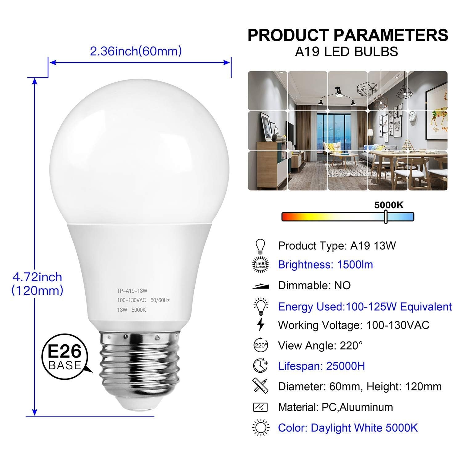 A19 LED Light Bulbs, 100 Watt Equivalent LED Bulbs, 5000K Daylight White, 150…