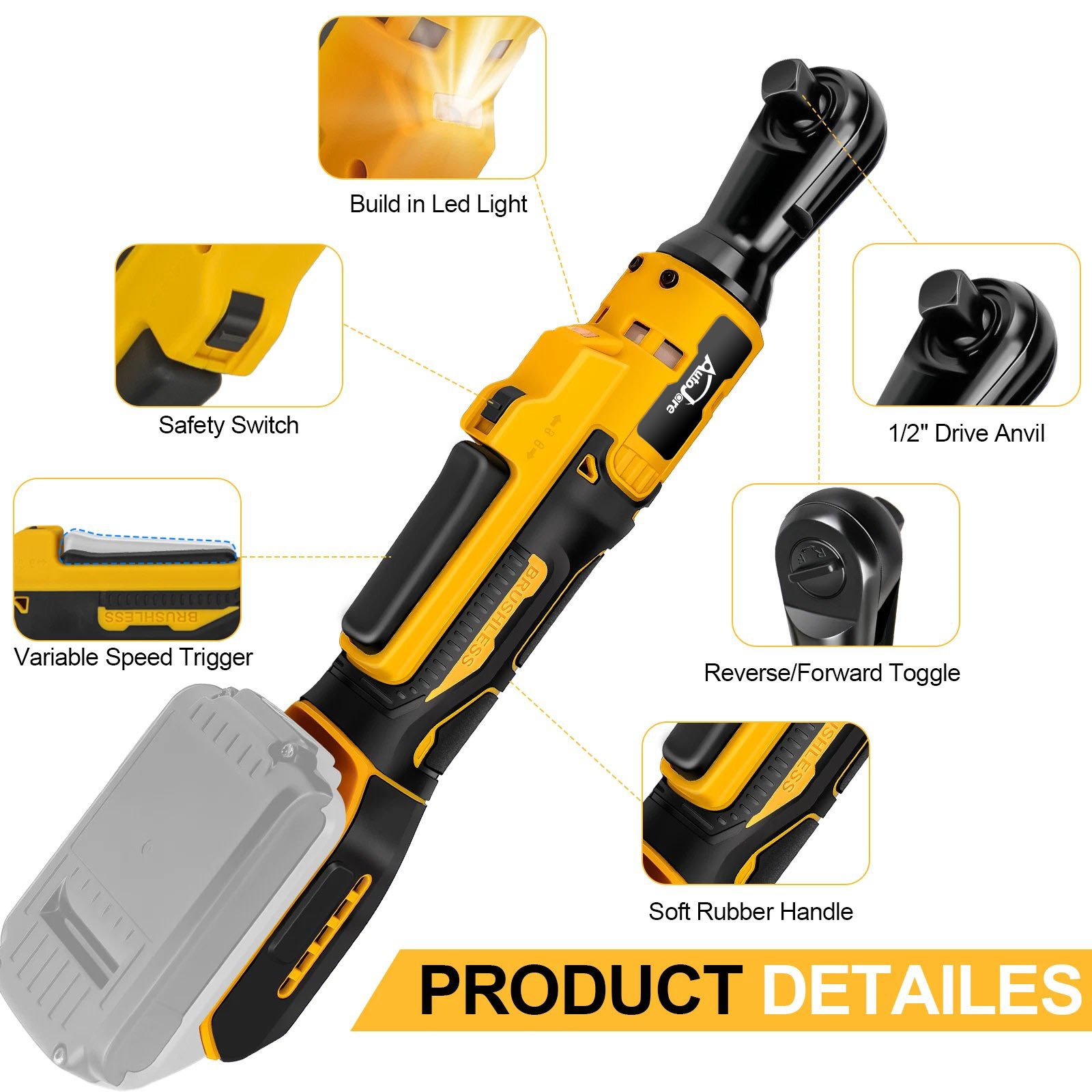 3/8″ Cordless Ratchet Wrench for DEWALT 20V MAX Battery 88NM 65Ft-lbs,No Battery