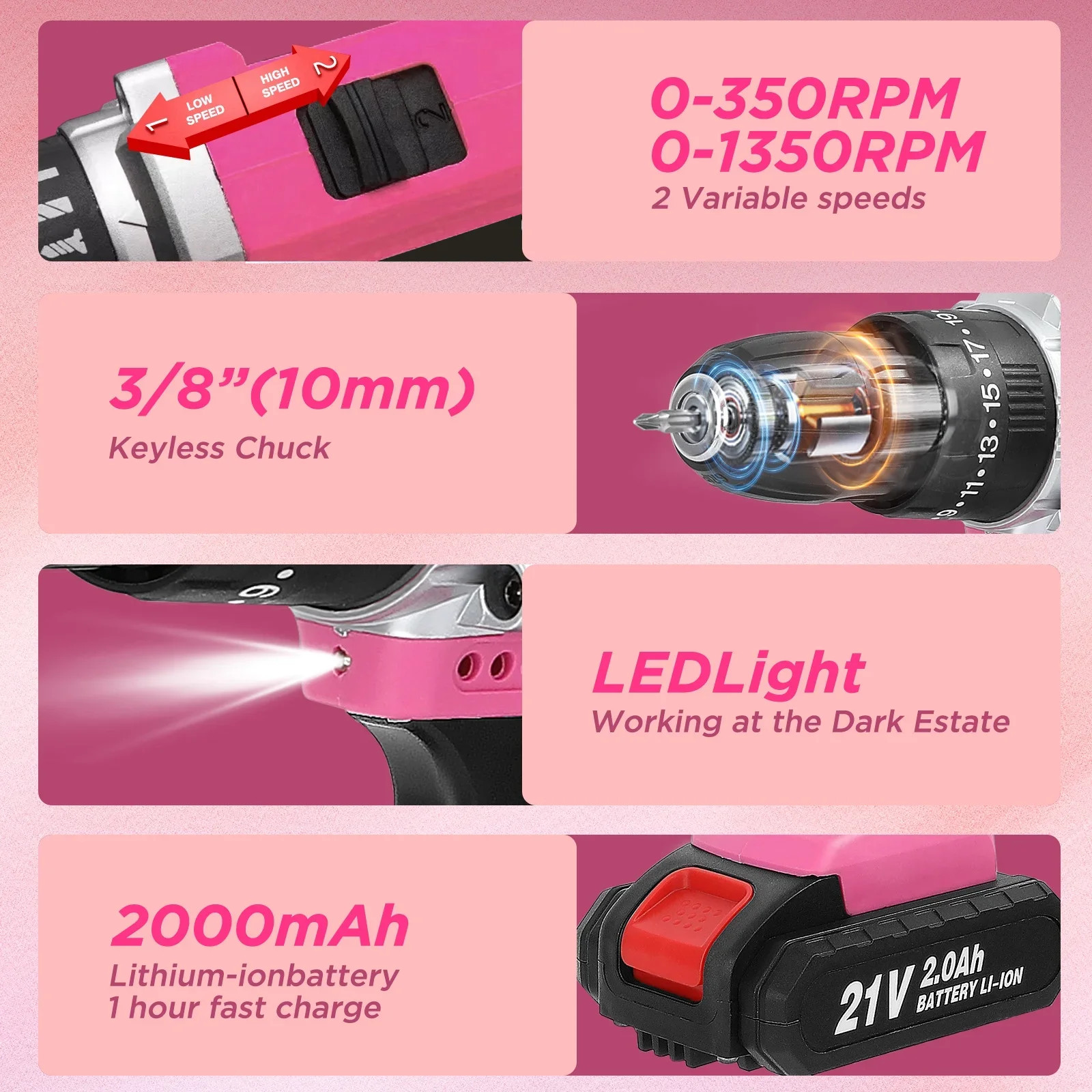 VQJTCVLY 21V Cordless Power Drill Set, Brushless Motor, 3/8 in Keyless Chuck,