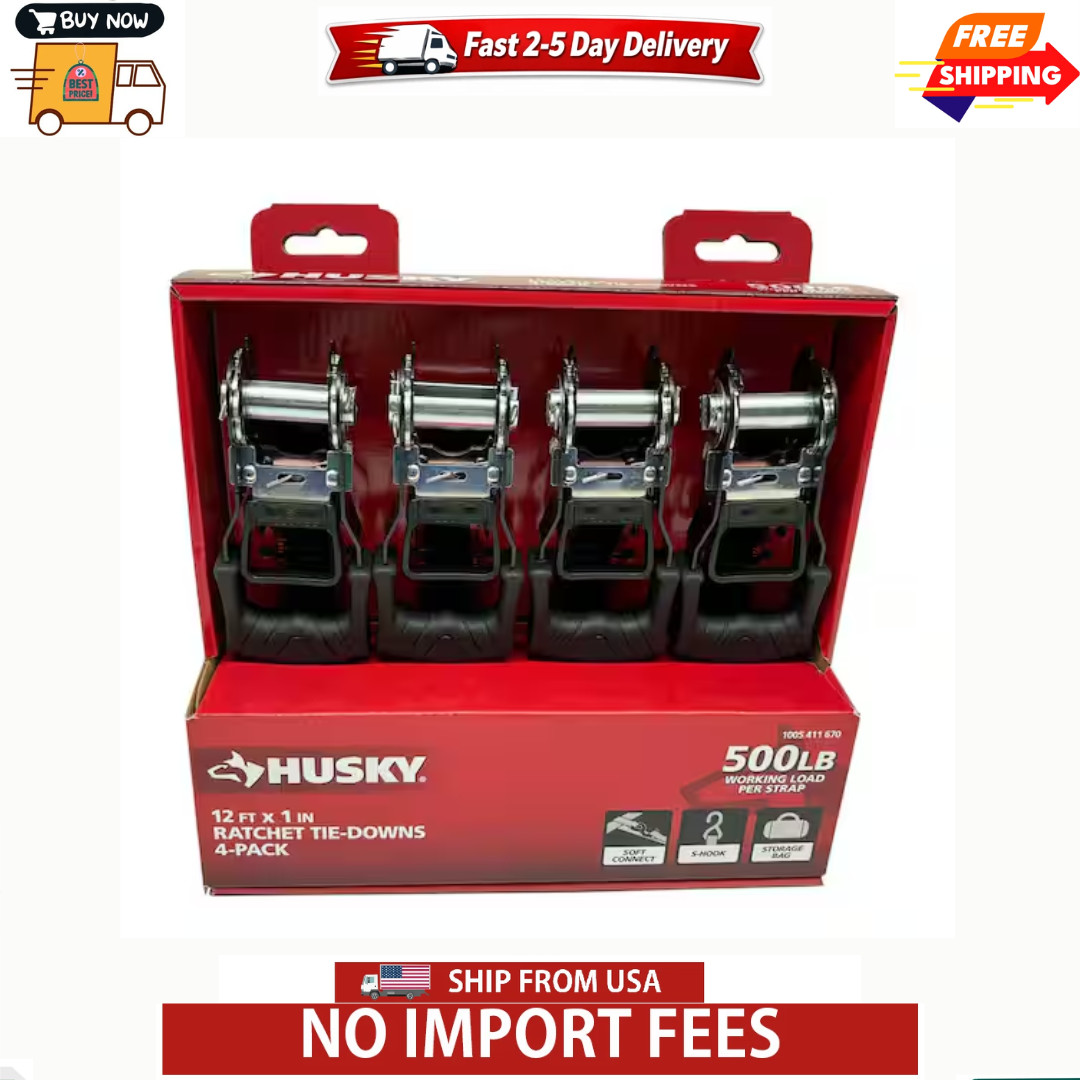 HUSKY RATCHET TIE-DOWN STRAPS 4-PACK 1 in. x 12 ft. Quick Release Hook 1500 lbs.