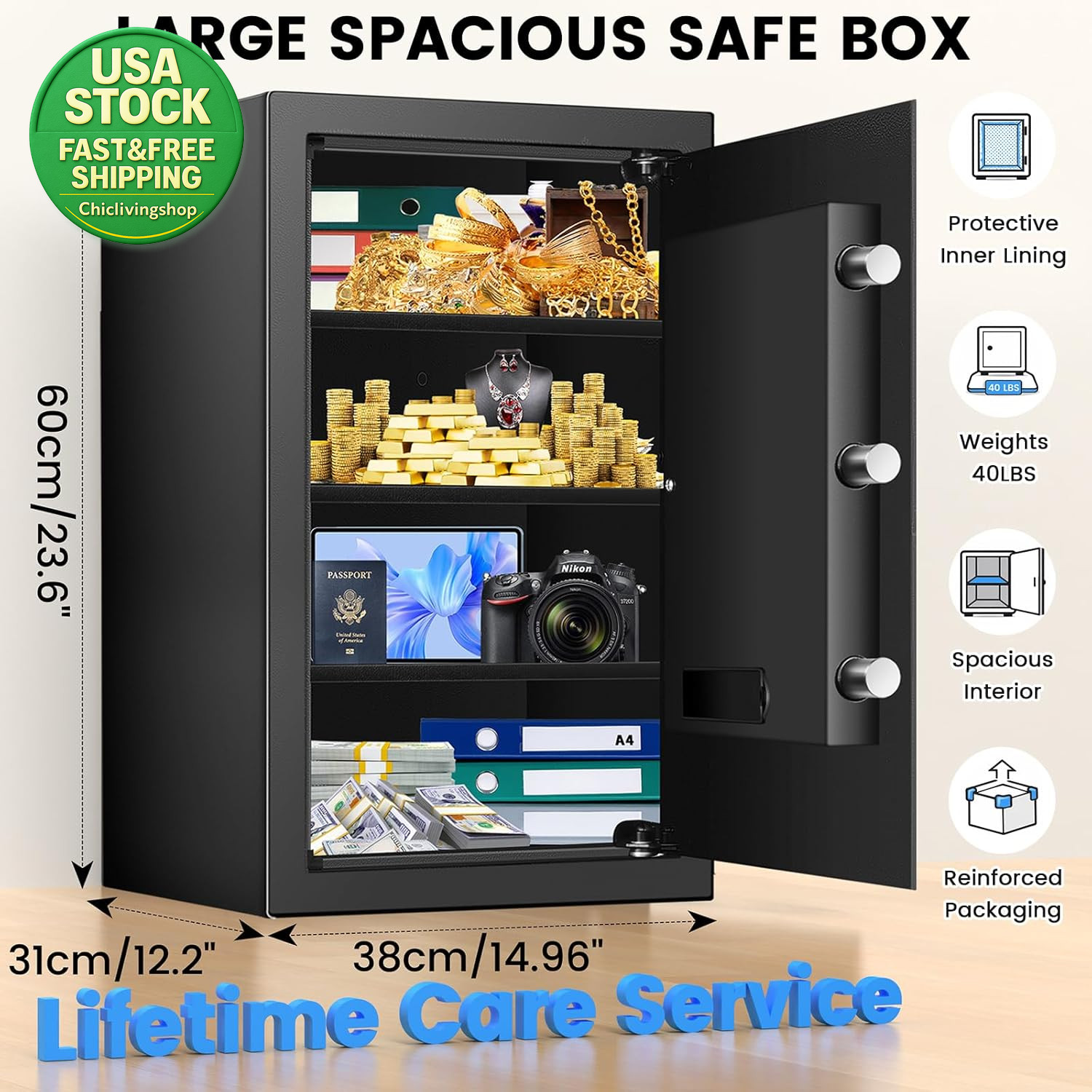 Large Home Safe 4.6 Cuft Fireproof Waterproof Security Box Digital Keypad