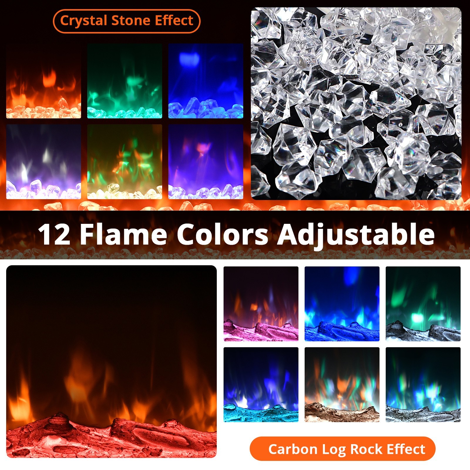 60″ Ultra-Thin Recessed / Wall Mount Electric Fireplace, 1500W Heater, 12-Color