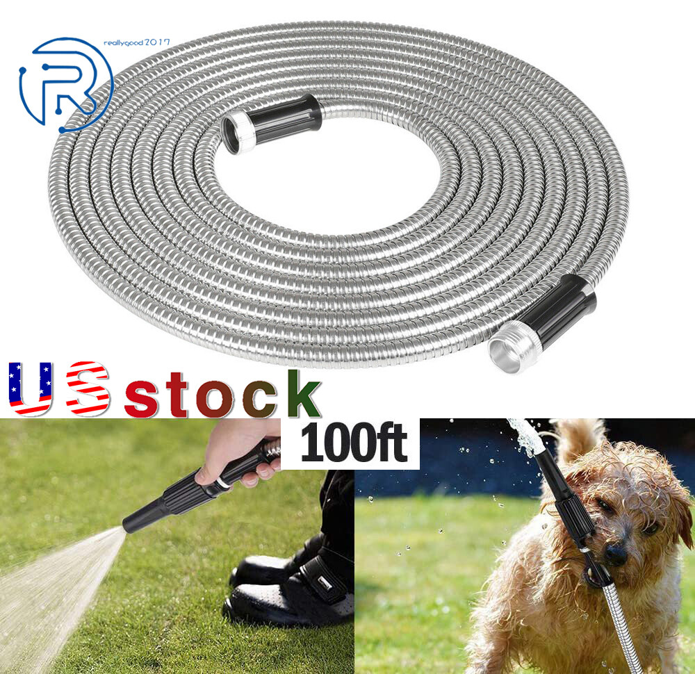 NEW 100FT Stainless Steel Metal Garden Water Hose Pipe Flexible Lightweight