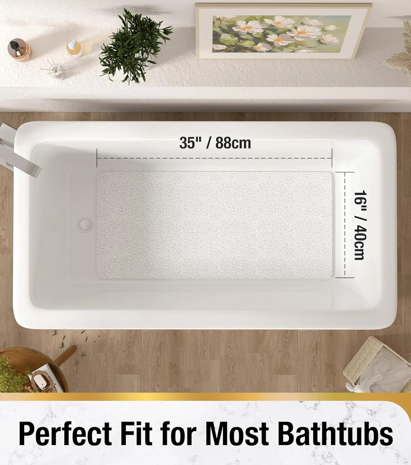 Non-Slip Shower Mat Without Suction Cups, 15.7×36″ PVC Loofah Bathroom Mat,