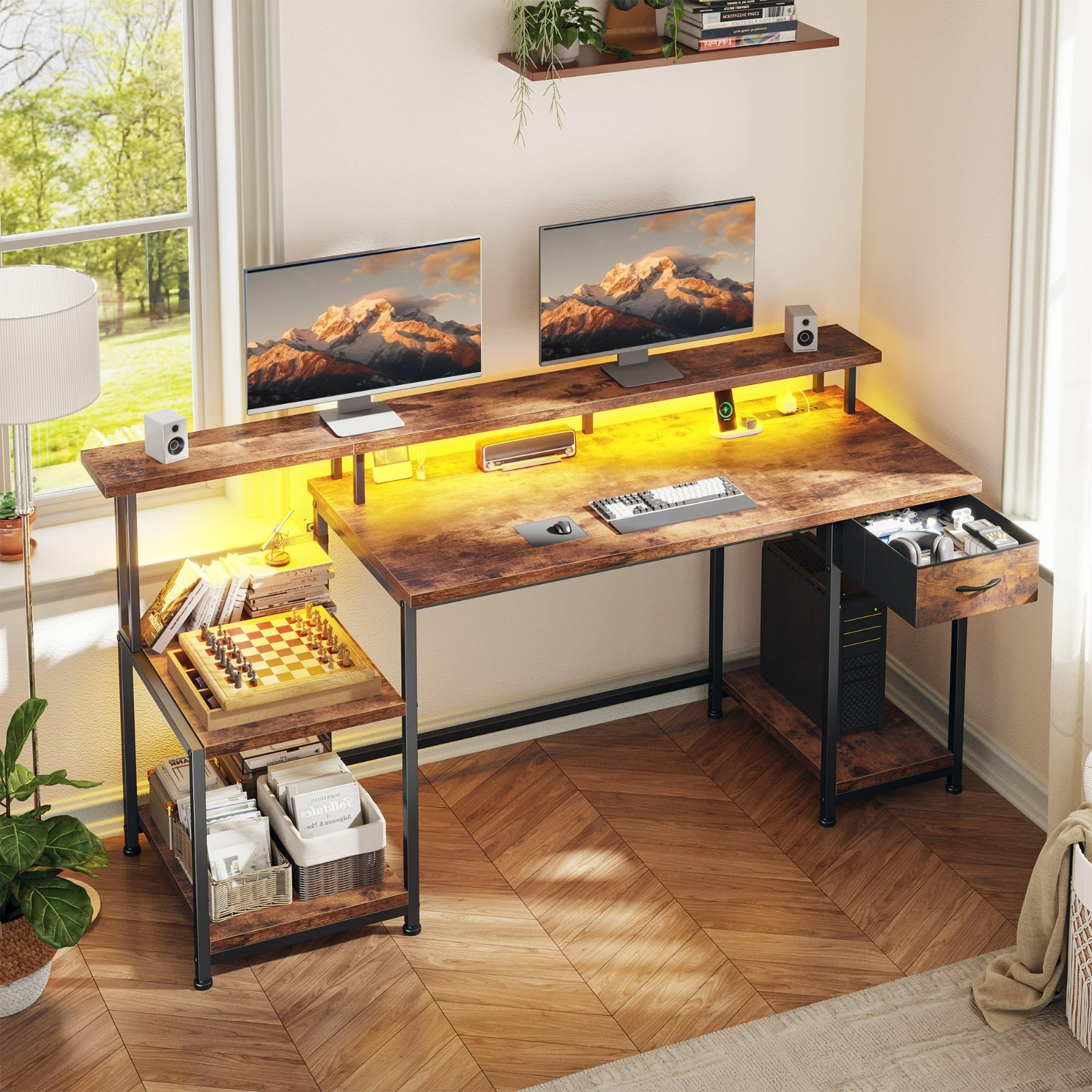 Home Office Study Table Work Computer Gaming Desk with Drawer & LED,Rustic Brown