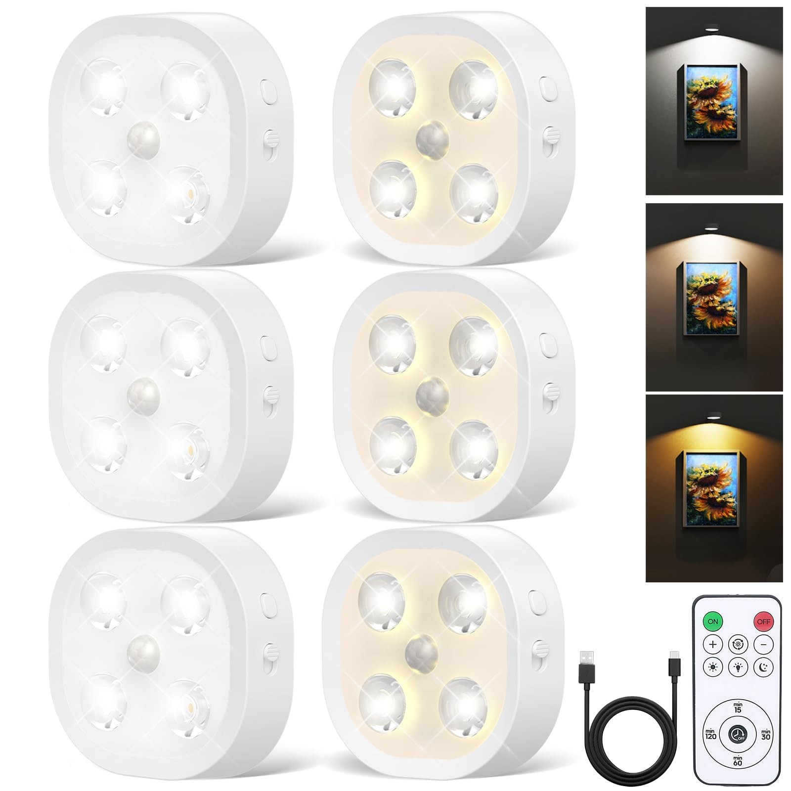 Under Cabinet Lighting, 1500mAh Rechargeable Motion Sensor Puck Lights with R…
