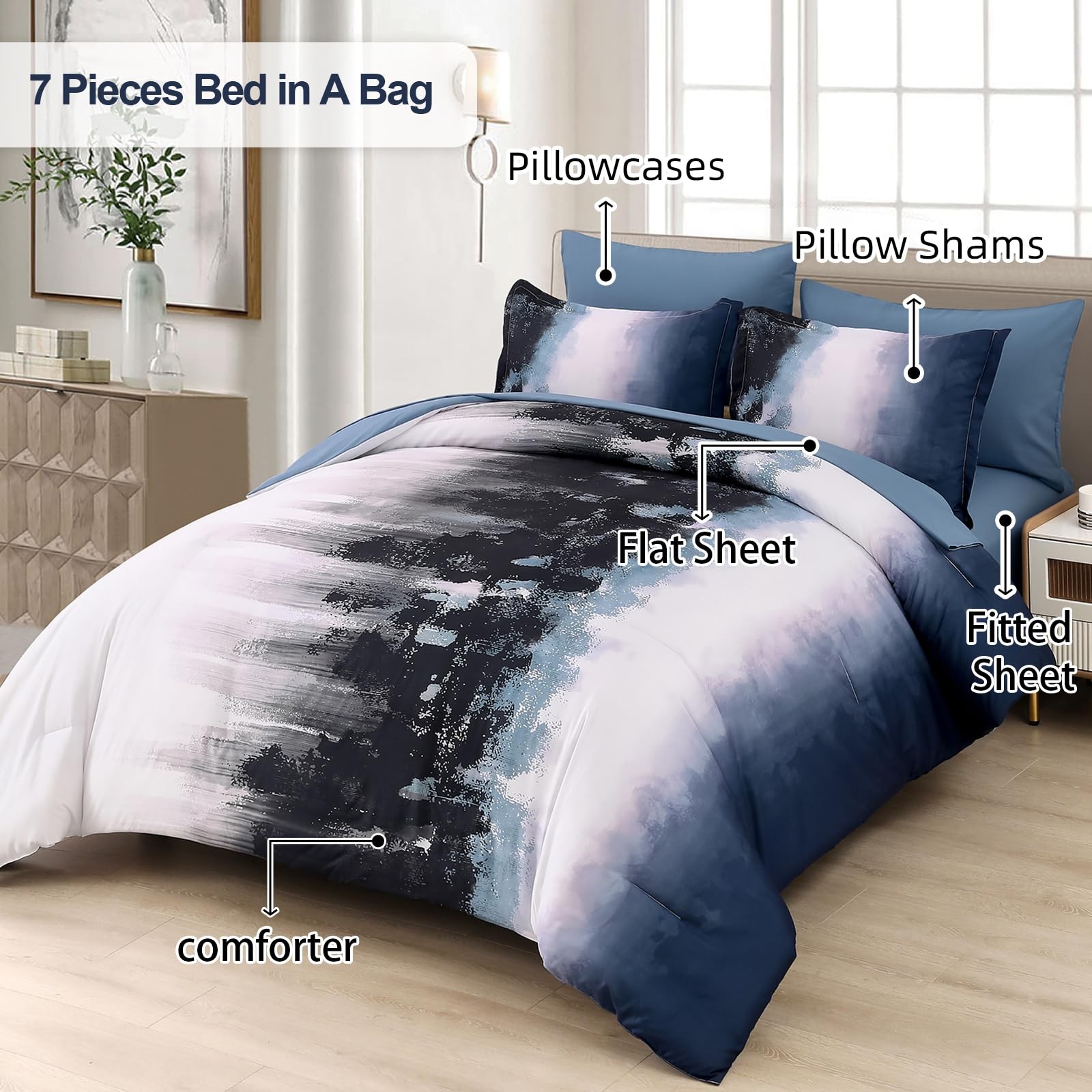 Ombre Blue Comforter Set Queen – 7 Piece Boho Bedding for Teens & Adults