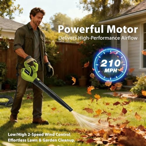 Electric Leaf Blower Corded, 7-Amp, 390CFM/ 210MPH, 2 Speed Modes, Green