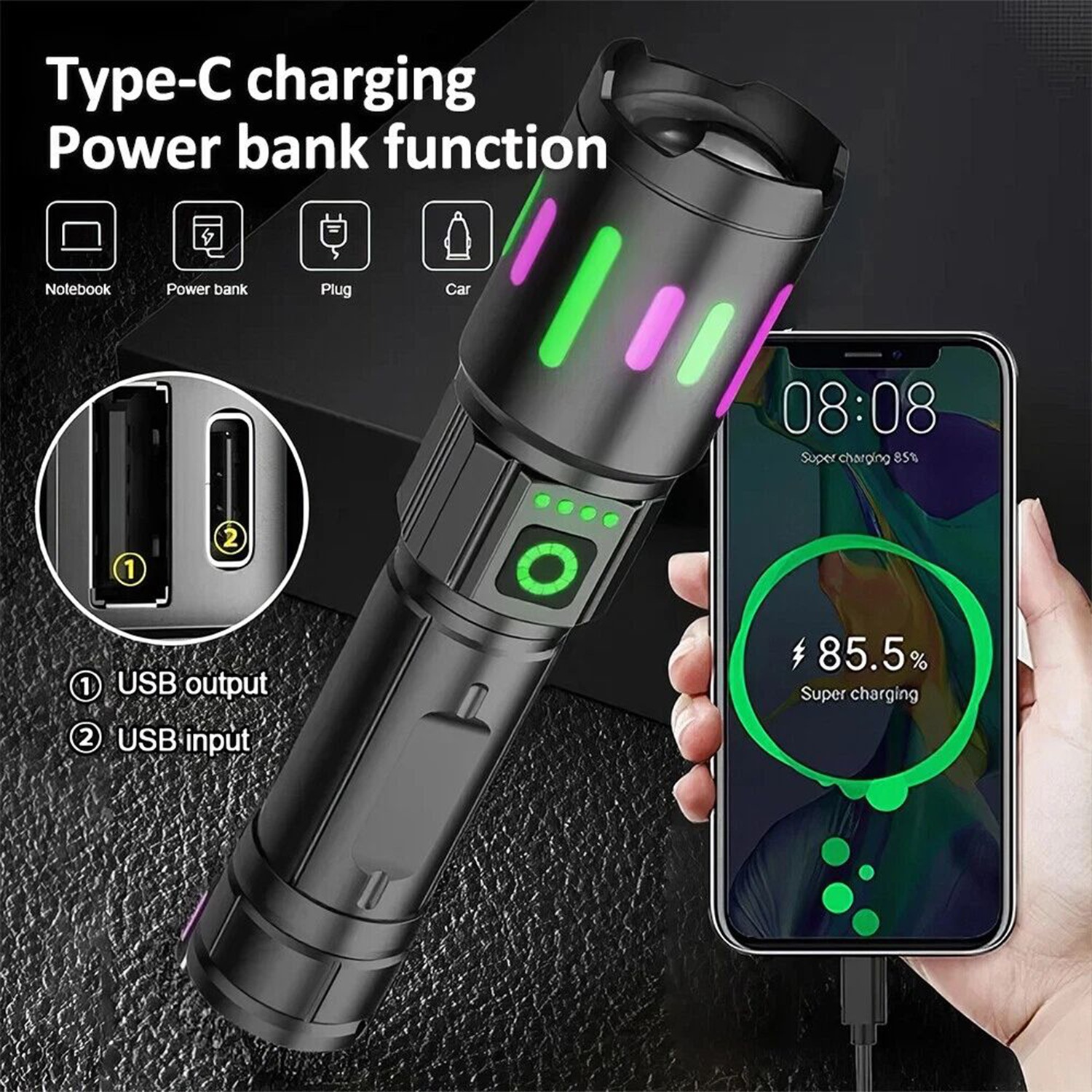 Rechargeable Work Light Mechanic Flashlight Lamp Magnetic Base Phone Power Bank