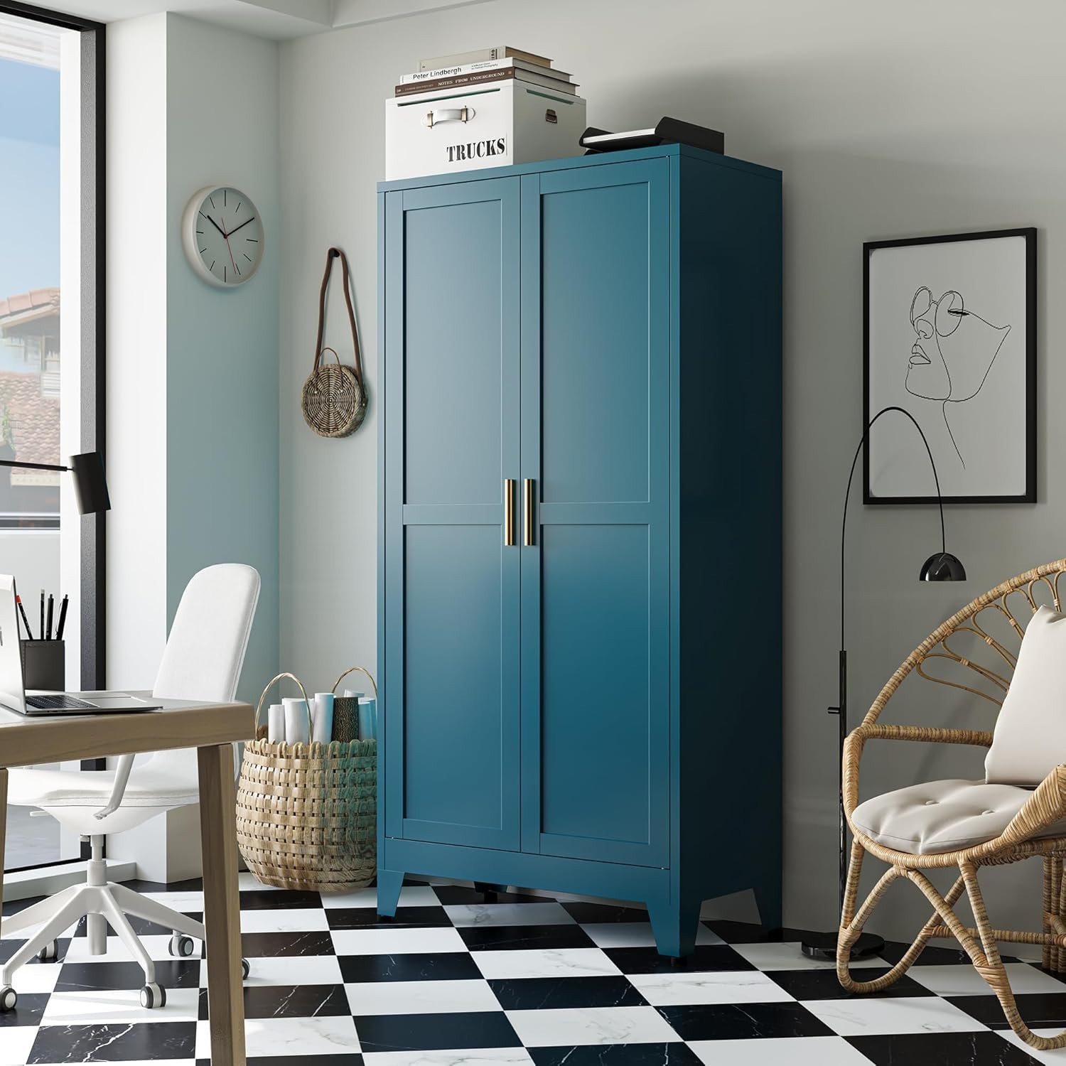 61”H Metal Pantry Storage Cabinet, Adjustable Shelves, For Kitchen, Office,Blue