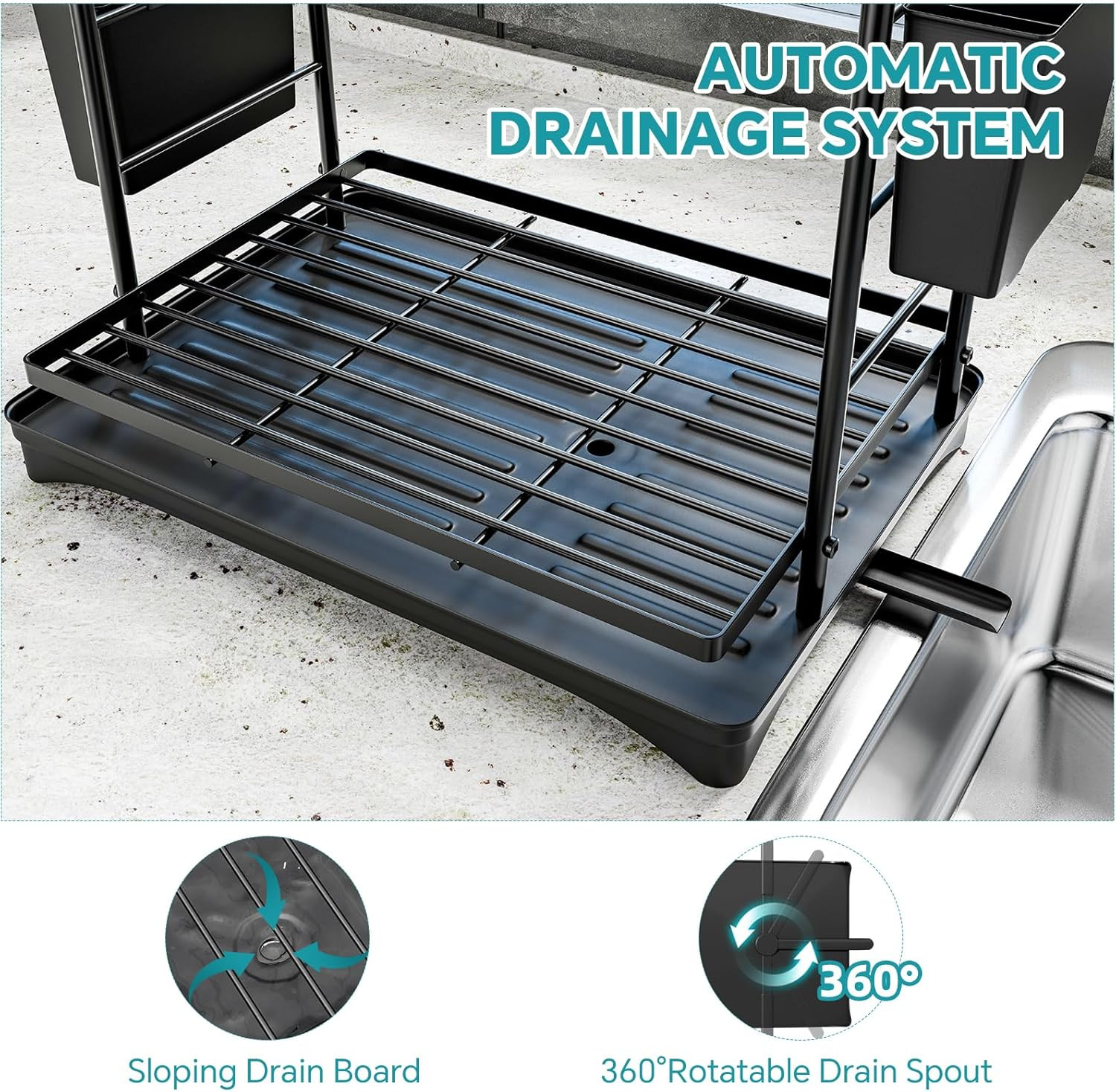 Stainless Steel 2 Tier Dish Rack Holder Kitchen Counter Drainer Board Black 12×1
