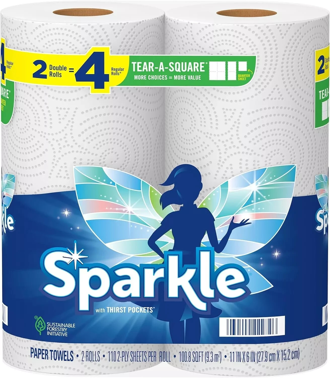 Sparkle Tear-A-Square Paper Towels, 2 Double Rolls = 4 Regular Rolls, 2 Count