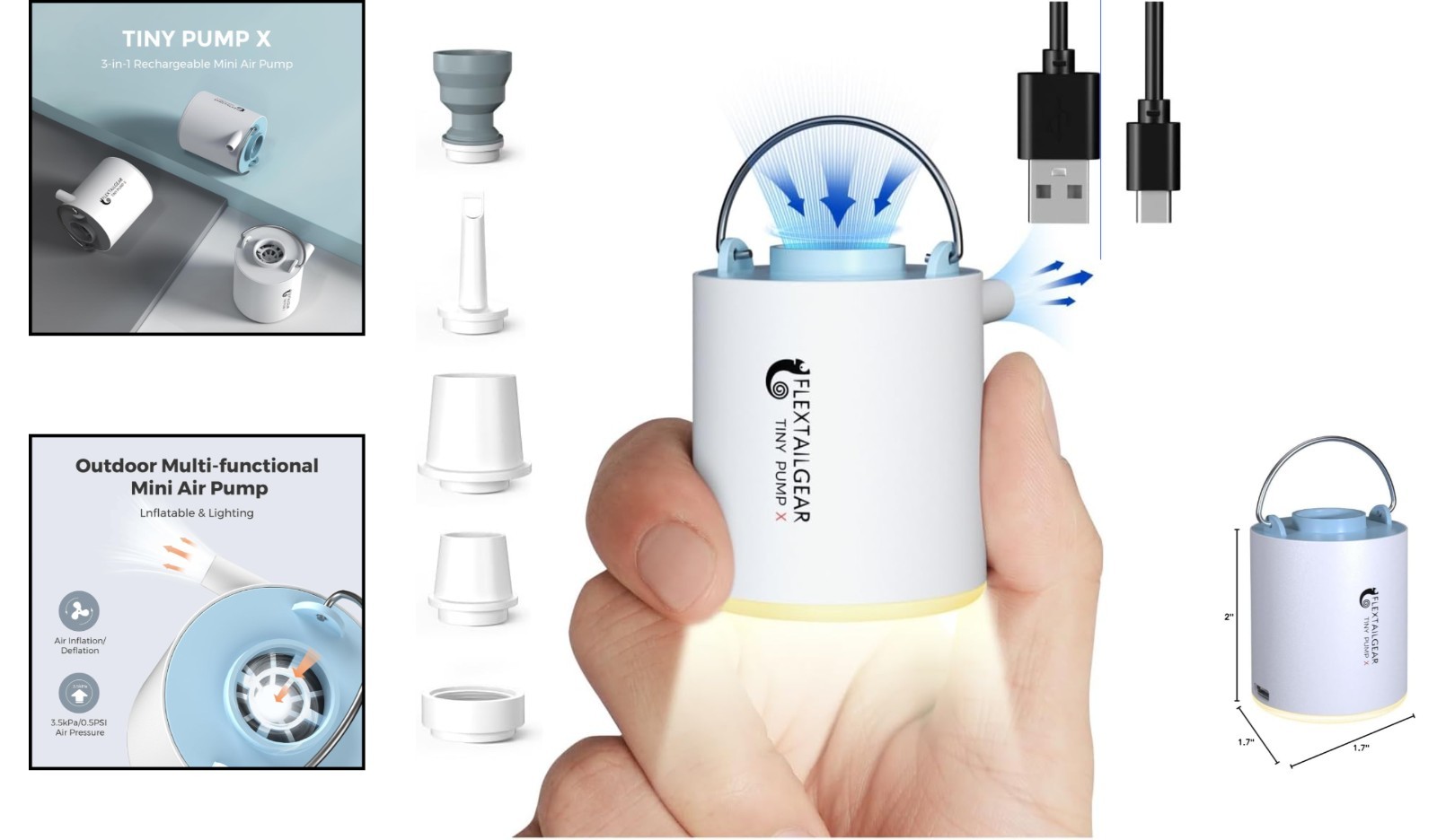Tiny Pump X: Ultra-Mini Portable Air Pump & Camping Light – 1300mAh Rechargeable
