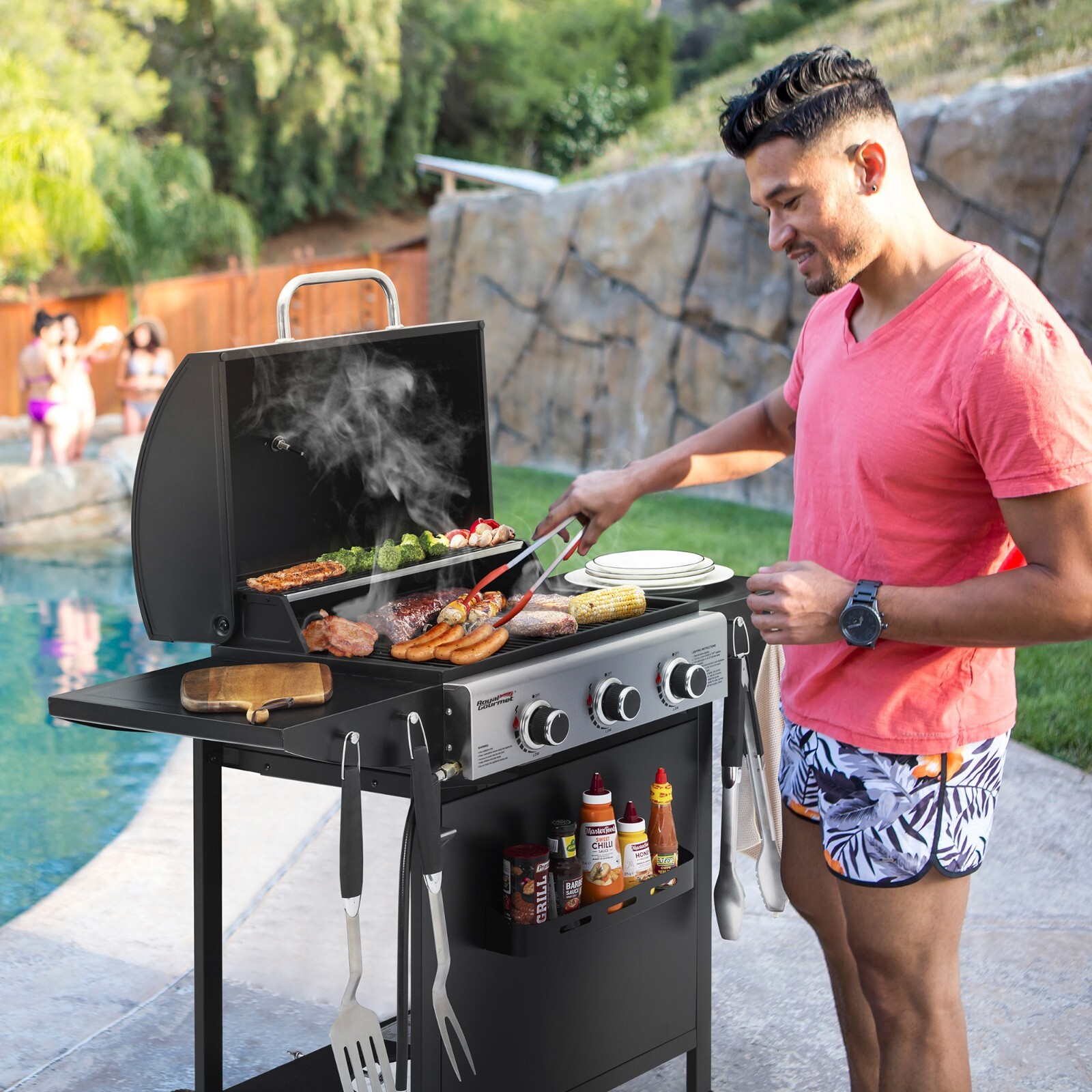 Royal Gourmet 3-Burner BBQ Liquid Propane Gas Gril lwith Front Spice Rack Black