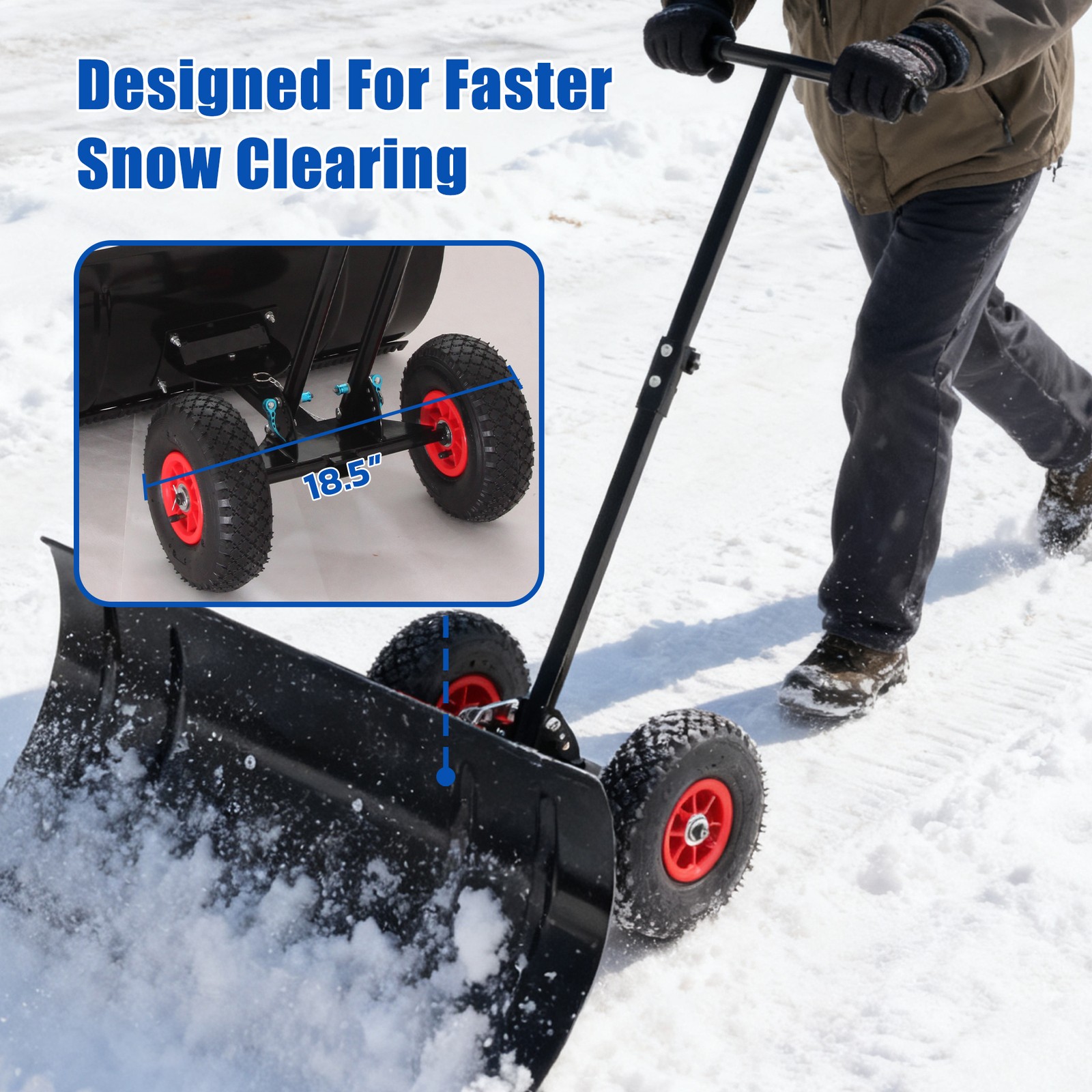 Snow Shovel Pusher w/ Adjustable Handle & Wheels for Driveway Snow Removal New