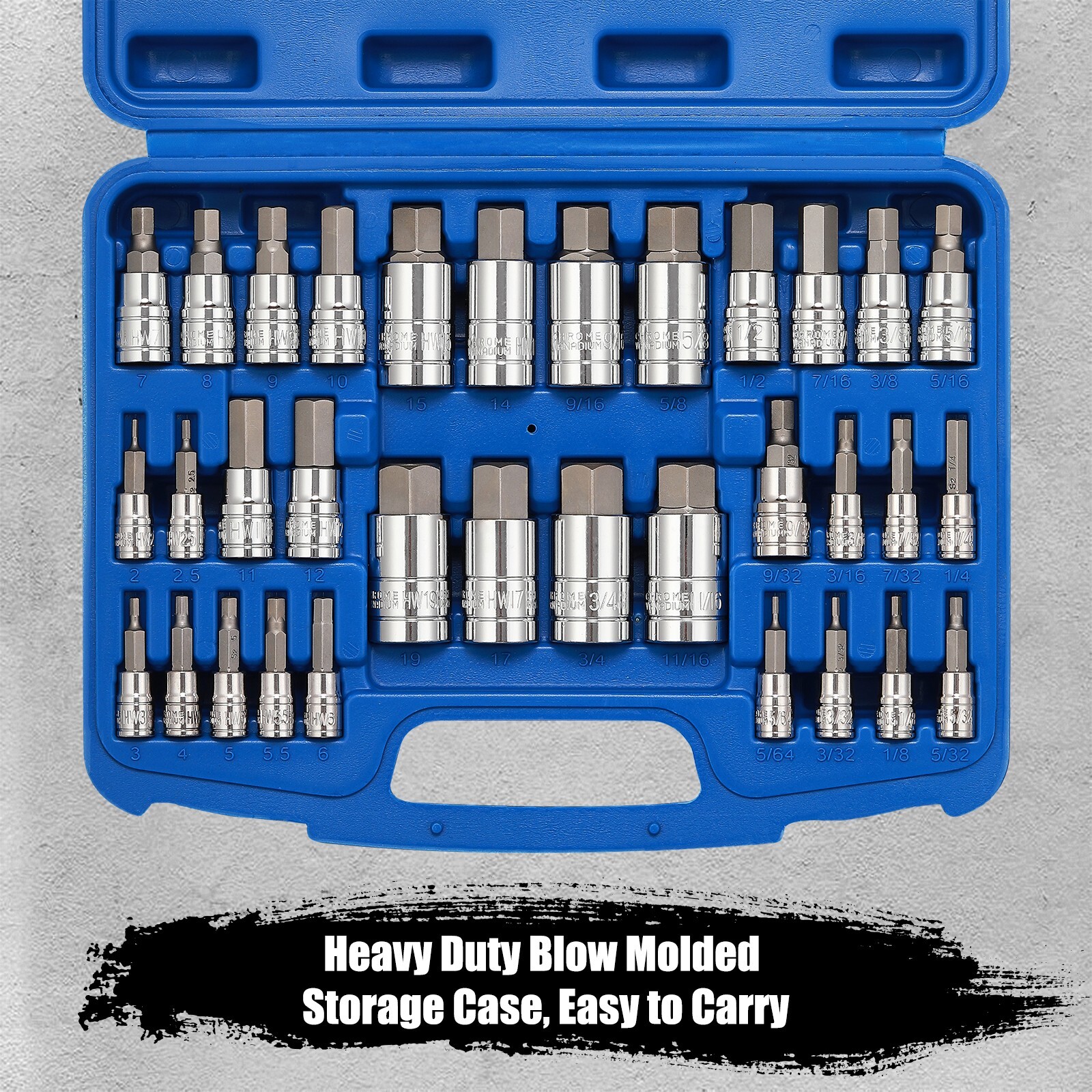 33PCS Hex Bit Socket Set, 1/4″, 3/8″ and 1/2″ Drive, SAE & Metric Allen Socket