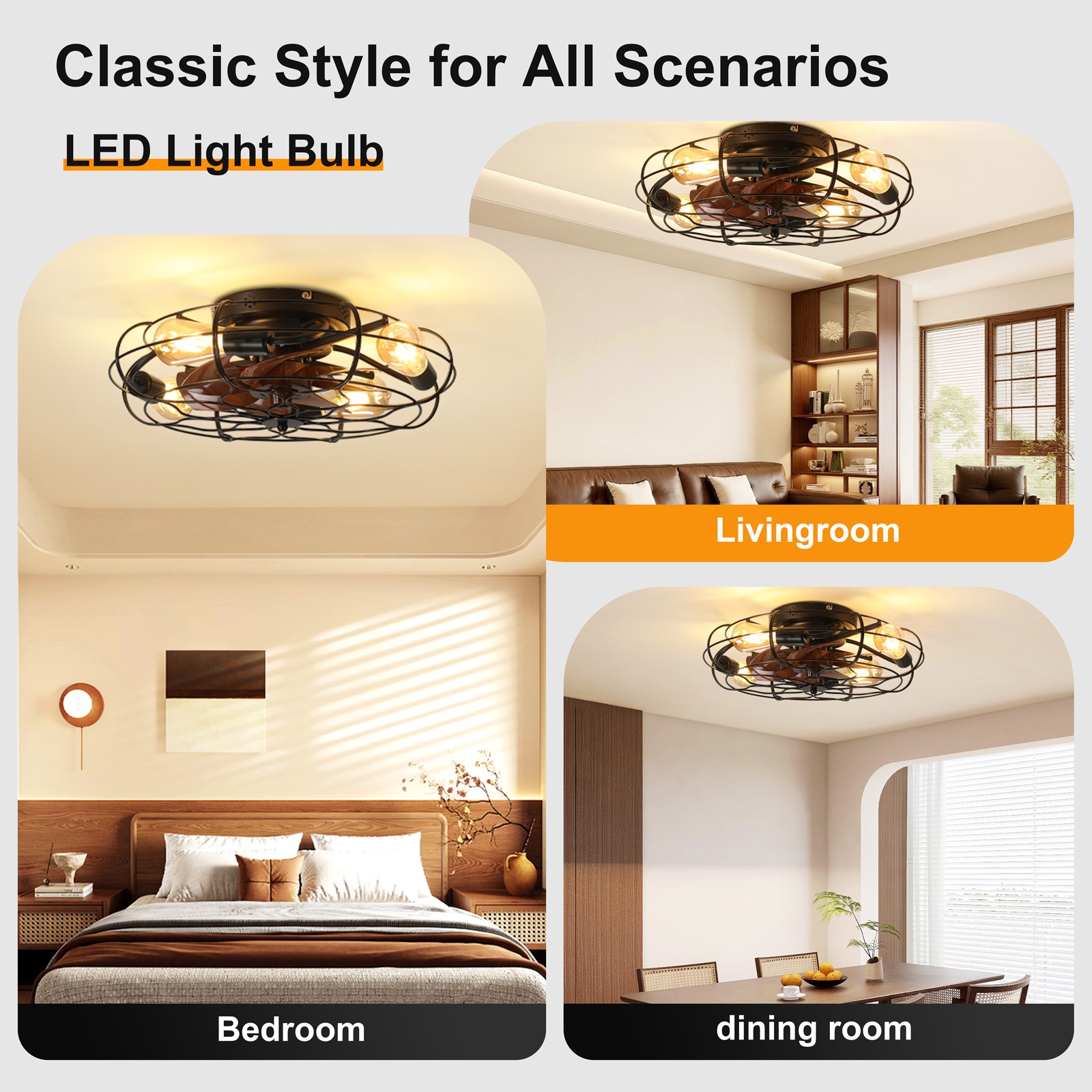 19.7″ Ceiling Fan Light 6-Speed Low Noise 30 dB for Bedroom/Living Room Kitchen