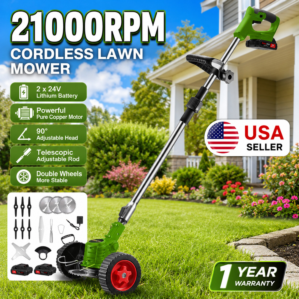 Electric Cordless Weed Wacker 21000RPM Grass Trimmer Lawn Mower with 2 Batteries