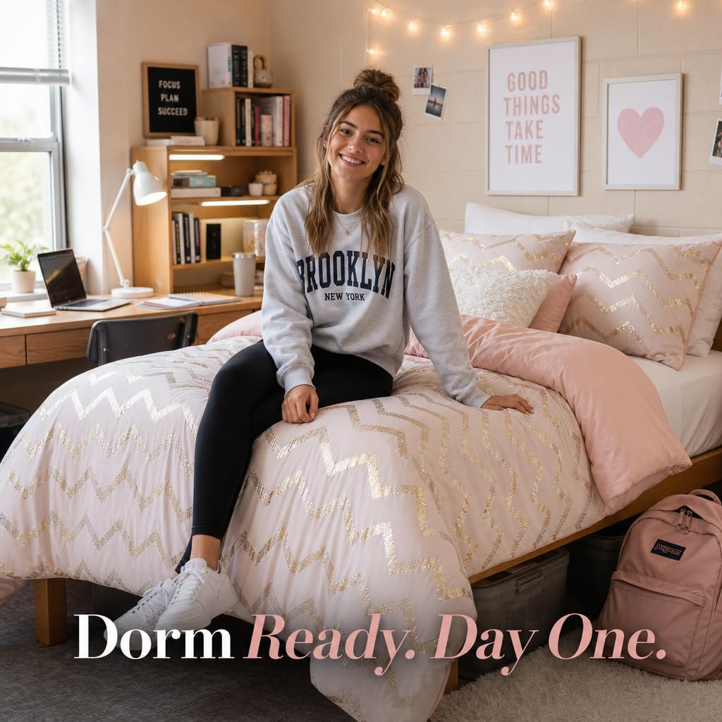 Twin Comforter Set for Teens and Adults, 3-Piece Pink and Gold Bedding, Warm and