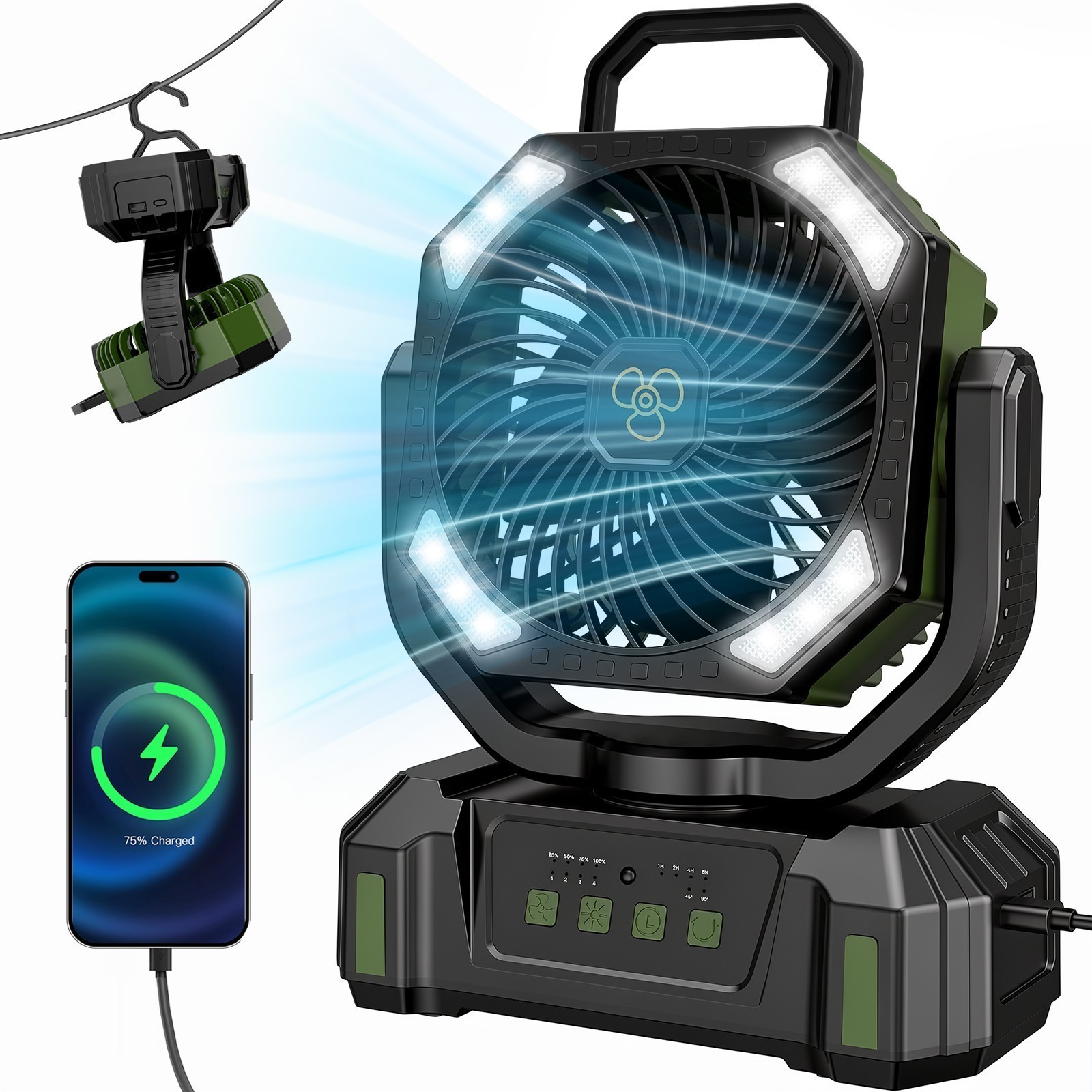 20000mAh Portable Camping Fan Battery Powered Tent Light Fan W/ LED Light Fans
