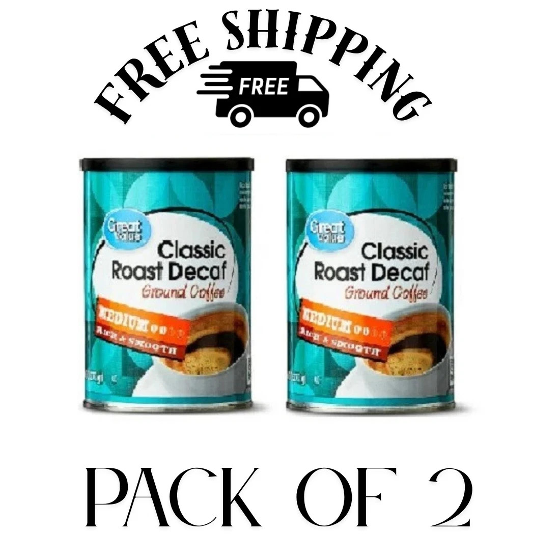 2 pack Great Value Decaf Classic Medium Roast Ground Coffee, 9.6 oz New