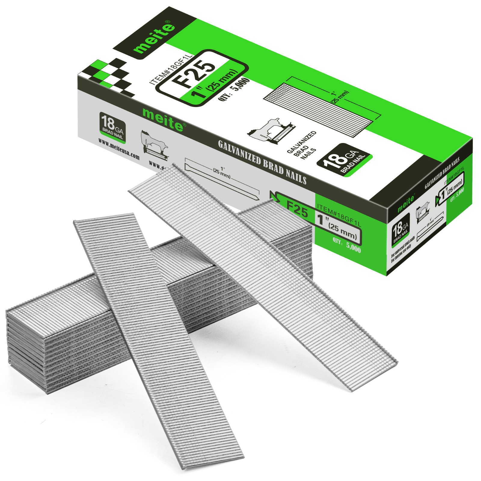 5,000 PCS meite 18 Gauge Brad Finish Nails 1/2″ to 2″ Length Galvanized F Series
