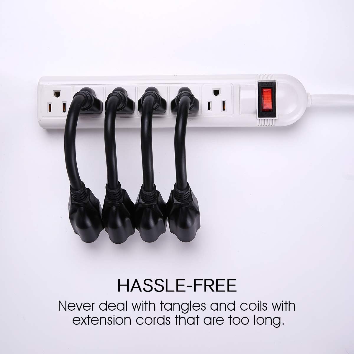 Short Power Extension Cord Outlet Saver, 16AWG/13A, 3 Prong (4 Pack, Black, 8 In