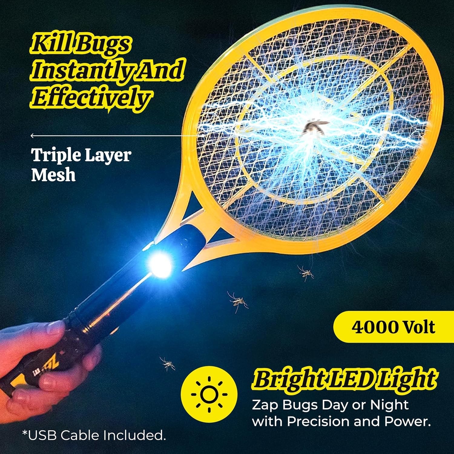 Ultimate 4,000V Electric Fly Racket – USB Rechargeable with Bright LED Light