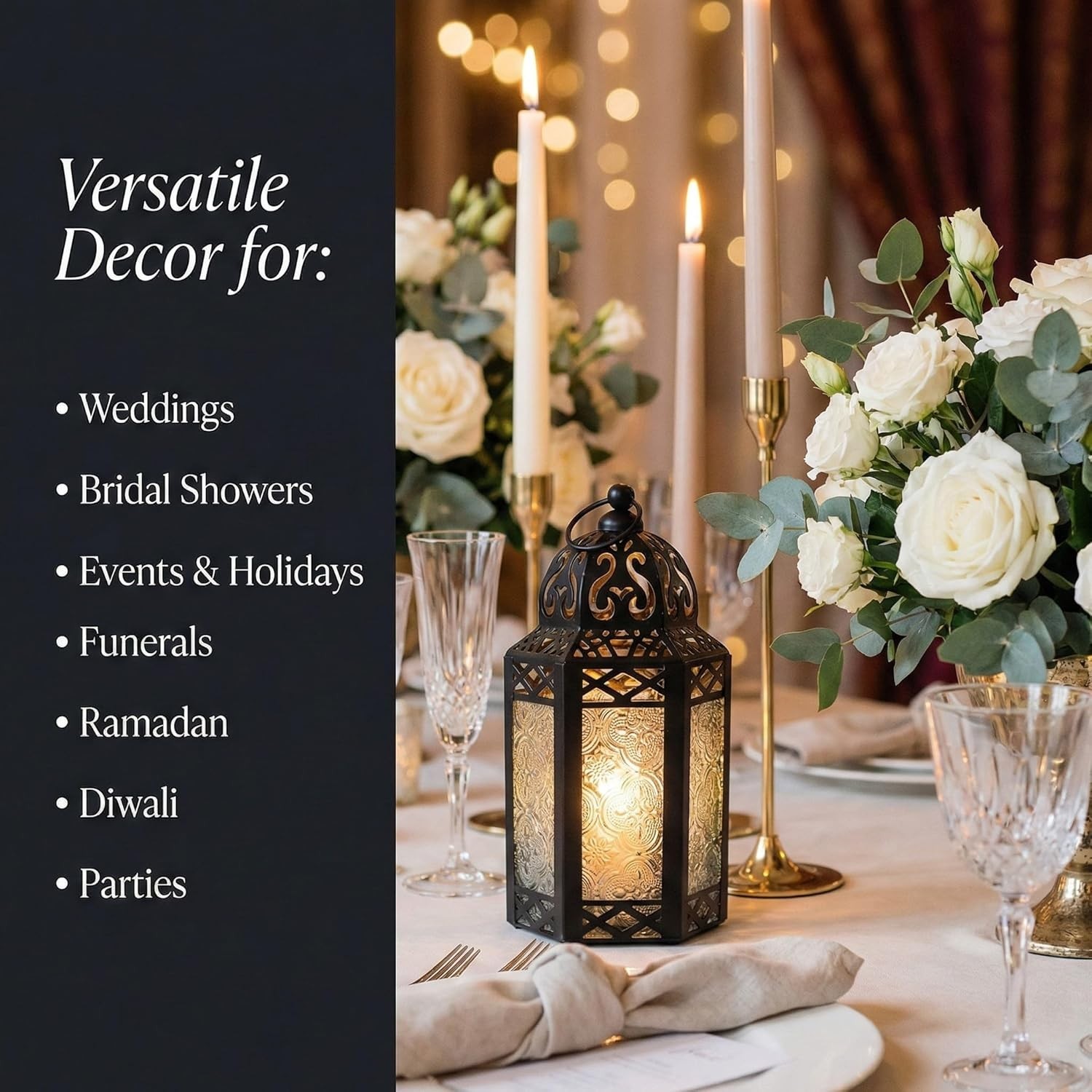 8.5in Moroccan Candle Lantern – Elegant Black Iron & Glass Centerpiece