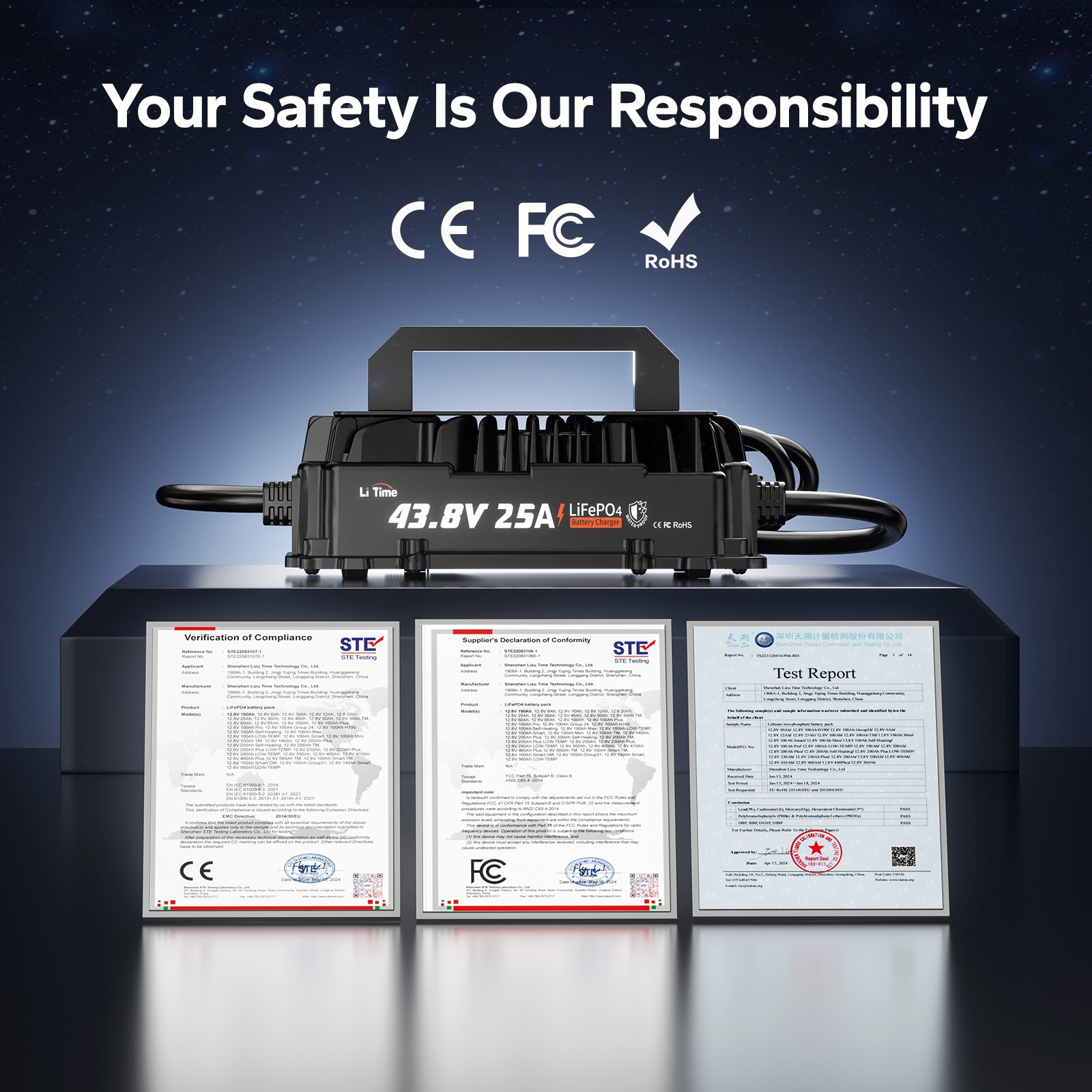 LiTime 43.8V 25A Waterproof AC-DC Charger for 36V(38.4V) Lithium LiFePO4 Battery