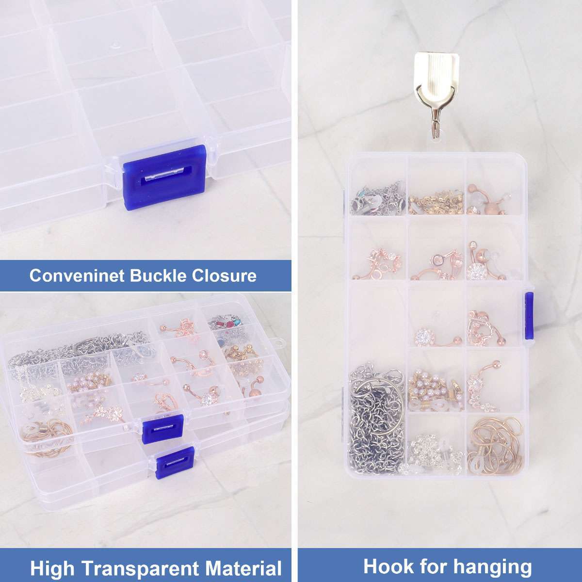 Clear Jewelry Box Plastic Bead Storage Container Adjustable Earrings Organizer