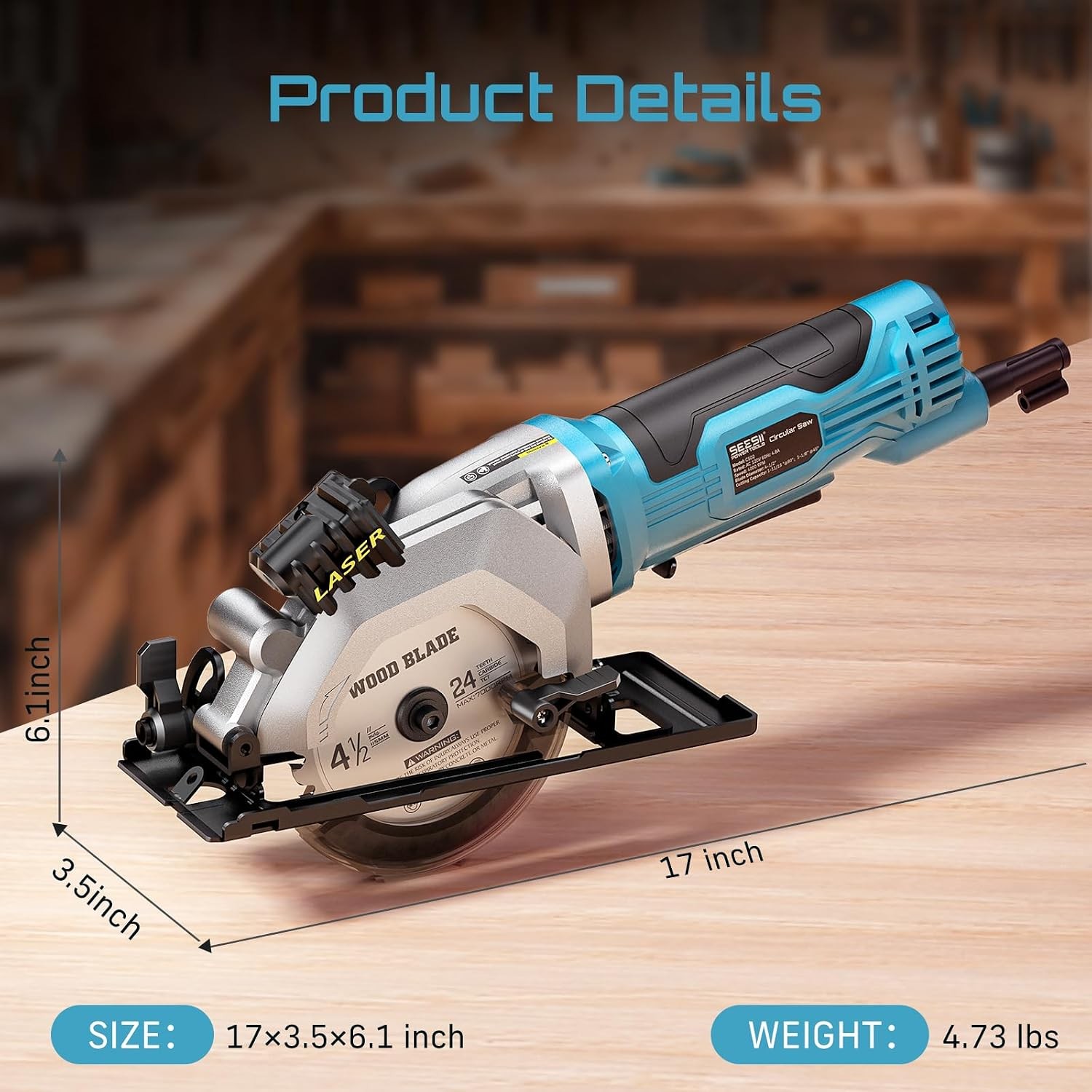 Mini Corded Laser Guide Circular Saw 4.8A 4000 RPM Compact Circular Saw